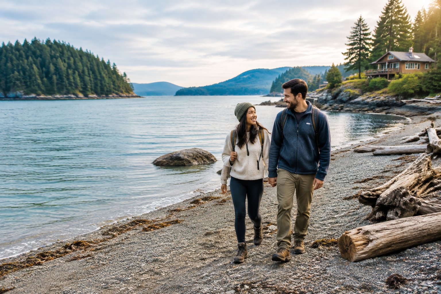 A newlywed couple walks along a scenic Puget Sound beach with forested islands in the background.