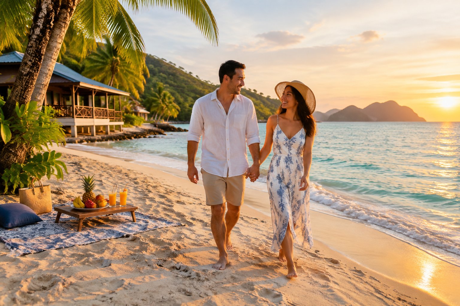 A newlywed couple enjoying a romantic moment on a tropical Malaysian beach.
