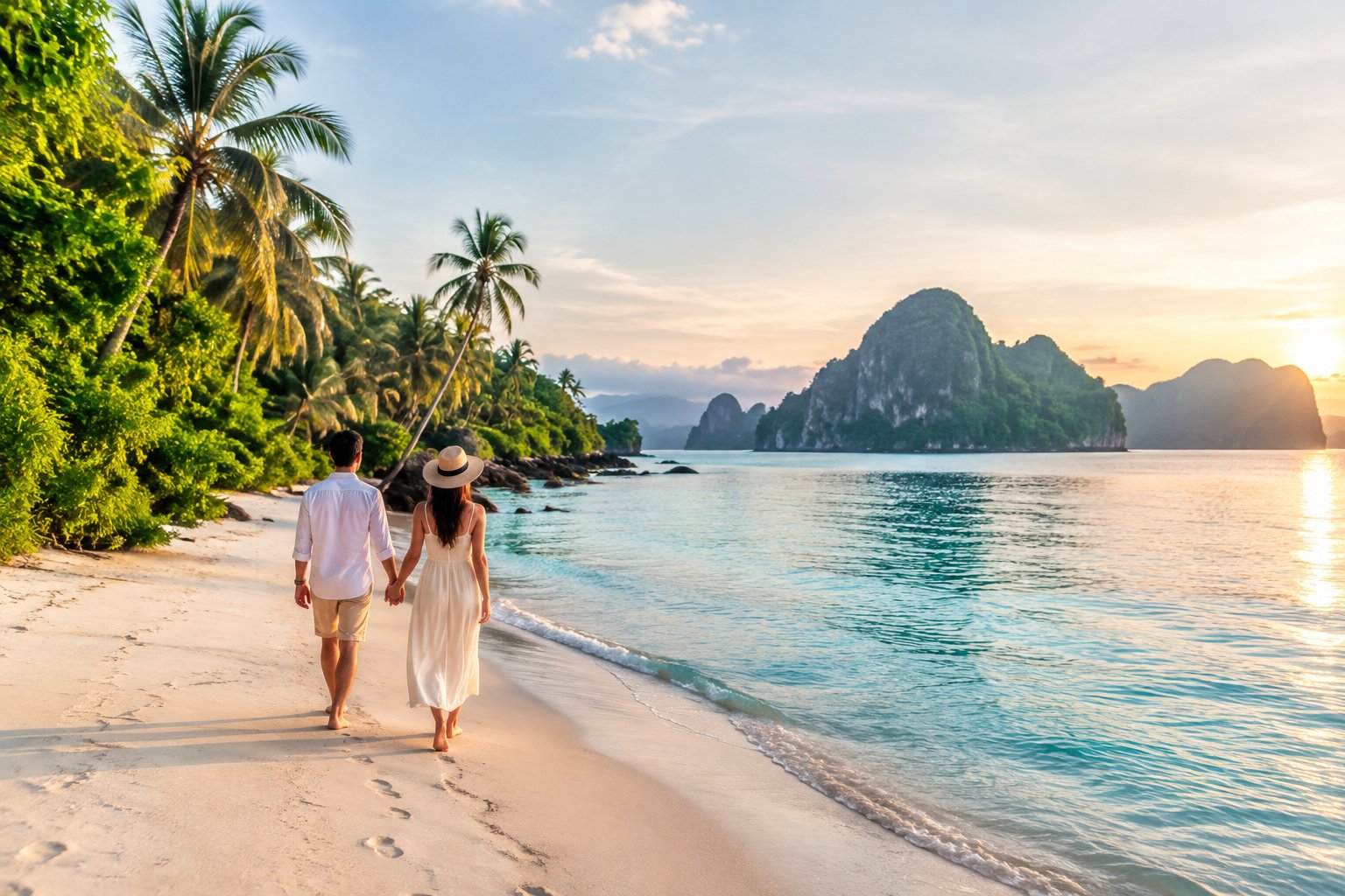 A newlywed couple walking along a quiet tropical beach in Malaysia.