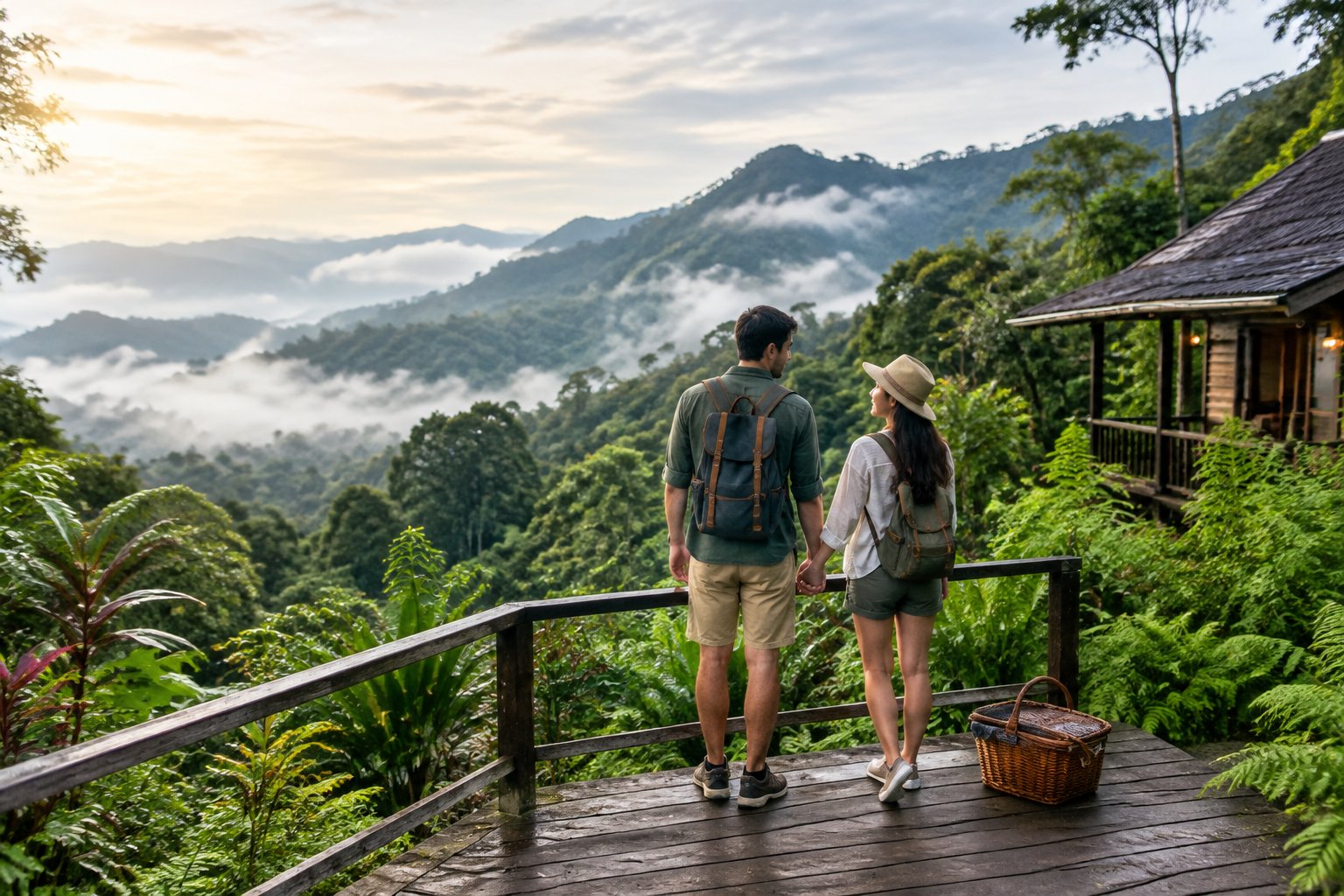 A newlywed couple overlooks misty rainforest-covered mountains from a wooden platform near a small cabin.