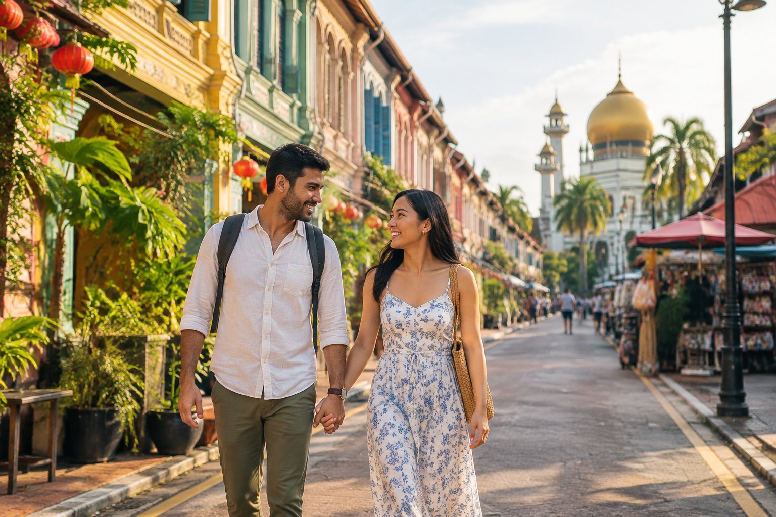 A couple explores a colorful Malaysian heritage street together.