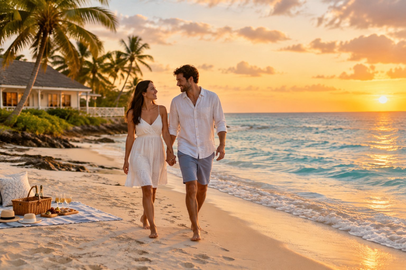 A newlywed couple walks along a tropical beach near a modest beachfront accommodation at sunset.