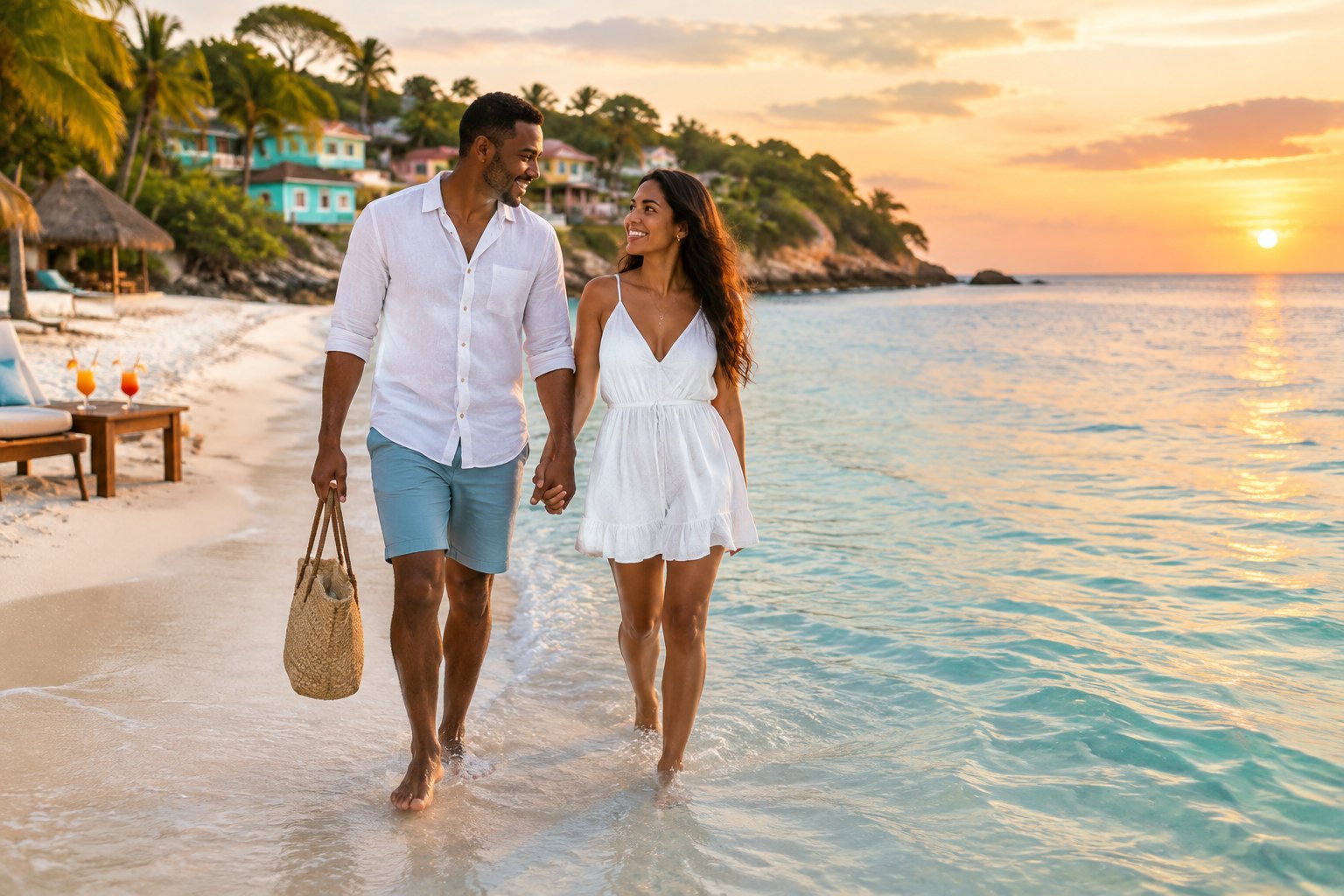 A newlywed couple walks hand in hand along a sunny tropical beach.
