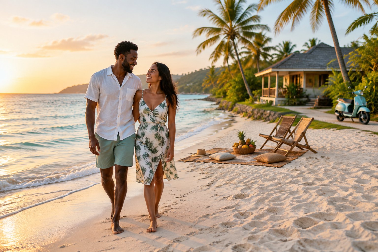 A newlywed couple walks along a palm-lined tropical beach near a cozy beachfront bungalow.