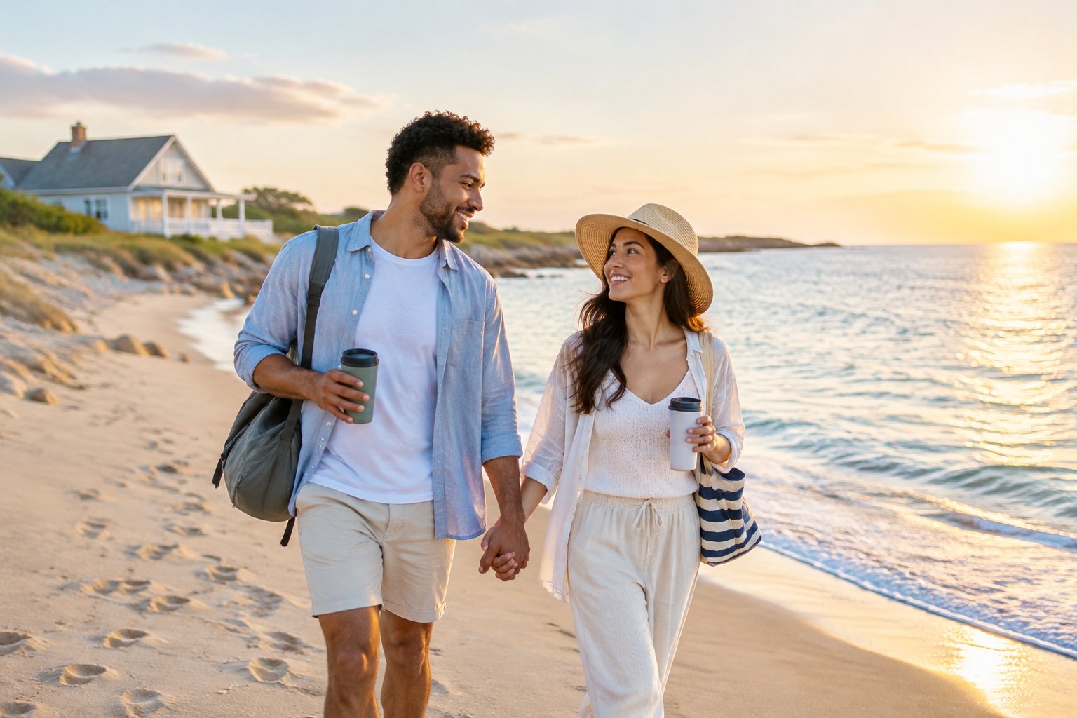 A newlywed couple walks hand in hand along a sunny mainland beach near a cozy seaside cottage.