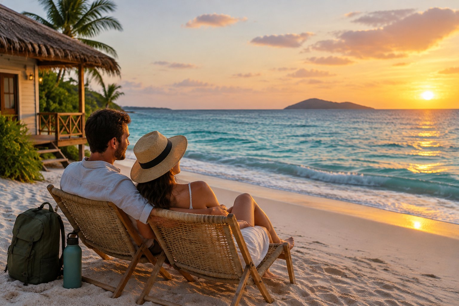 A newlywed couple relaxes together on a scenic beach at sunset.