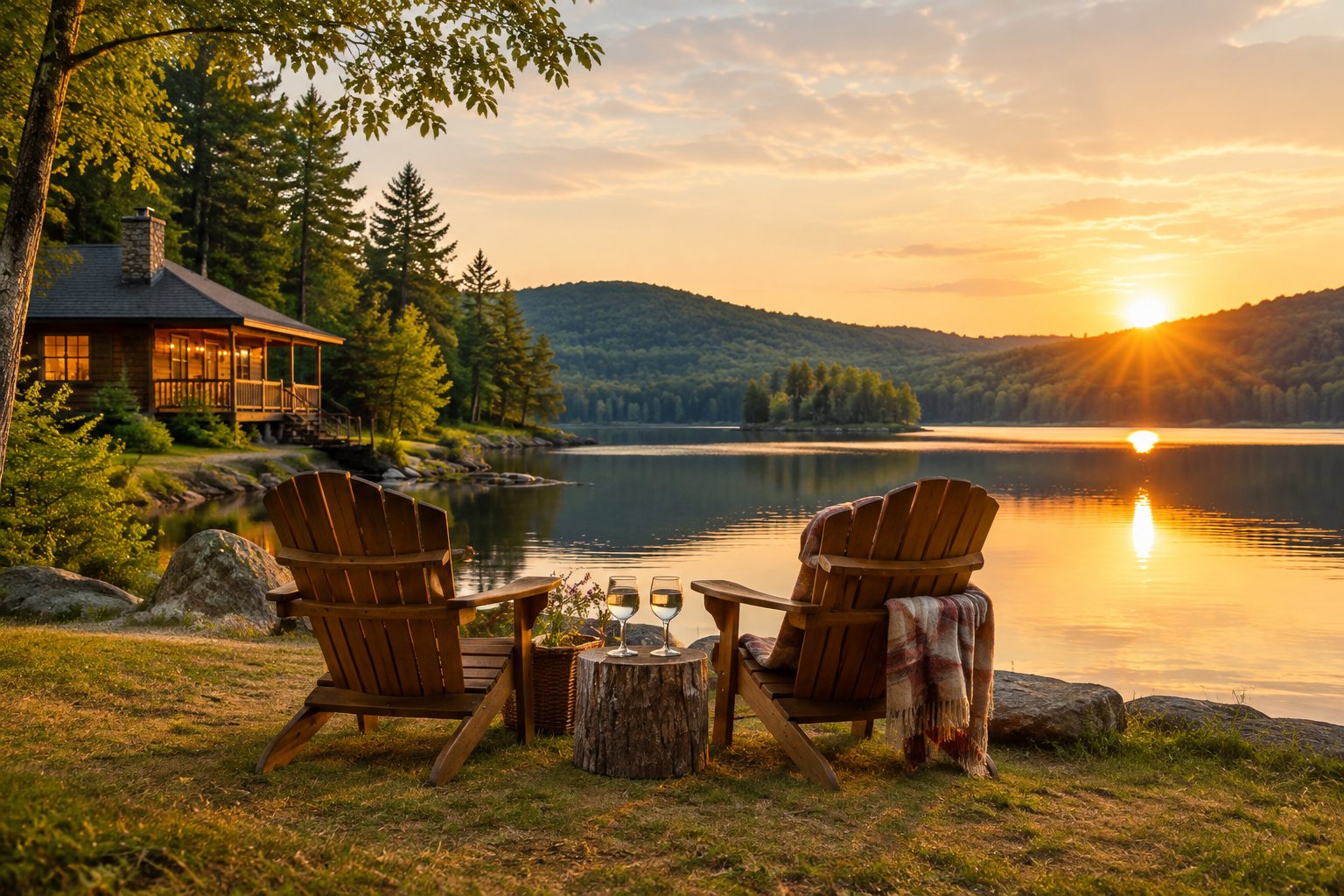 A cozy lakeside cabin surrounded by forest in the Pocono Mountains, with two chairs facing the water at sunset.