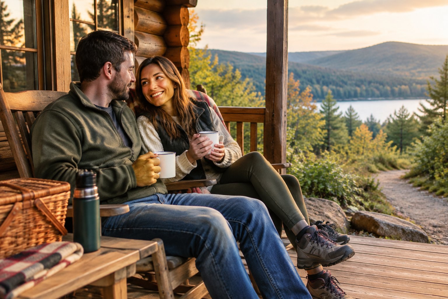 A newlywed couple enjoys a cozy cabin getaway in the wooded Pocono Mountains.