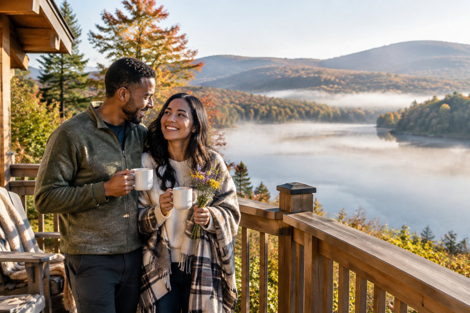 A newlywed couple relaxes on a cabin deck overlooking a peaceful lake in the Pocono Mountains.