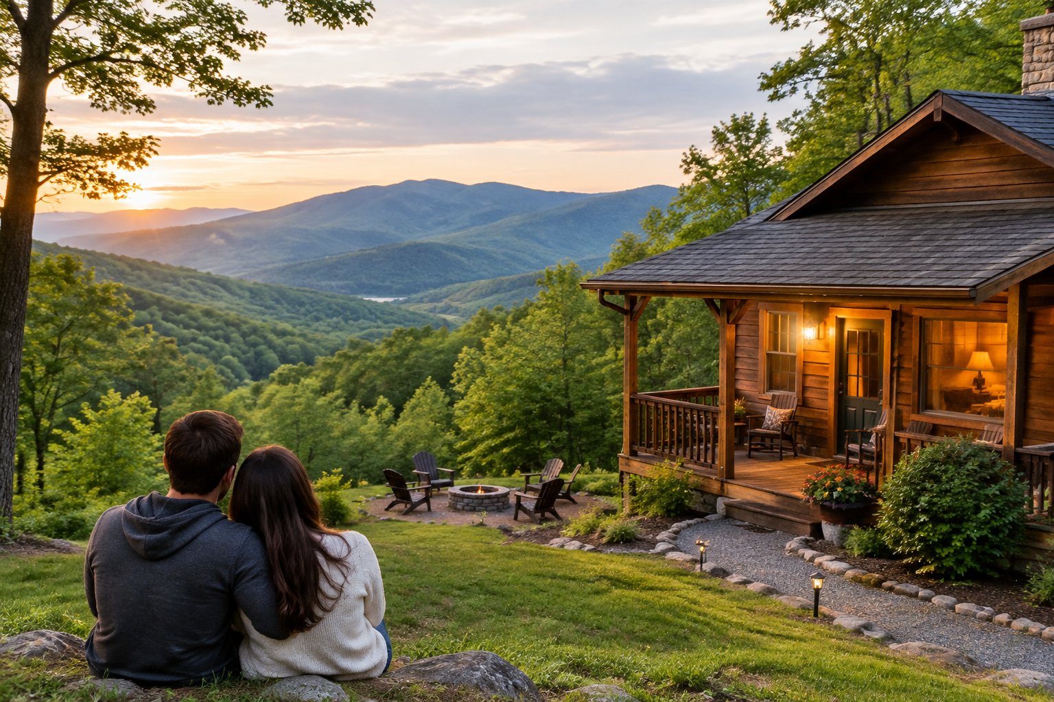 A couple overlooks a cozy cabin surrounded by forests and rolling mountains in the Pocono region.
