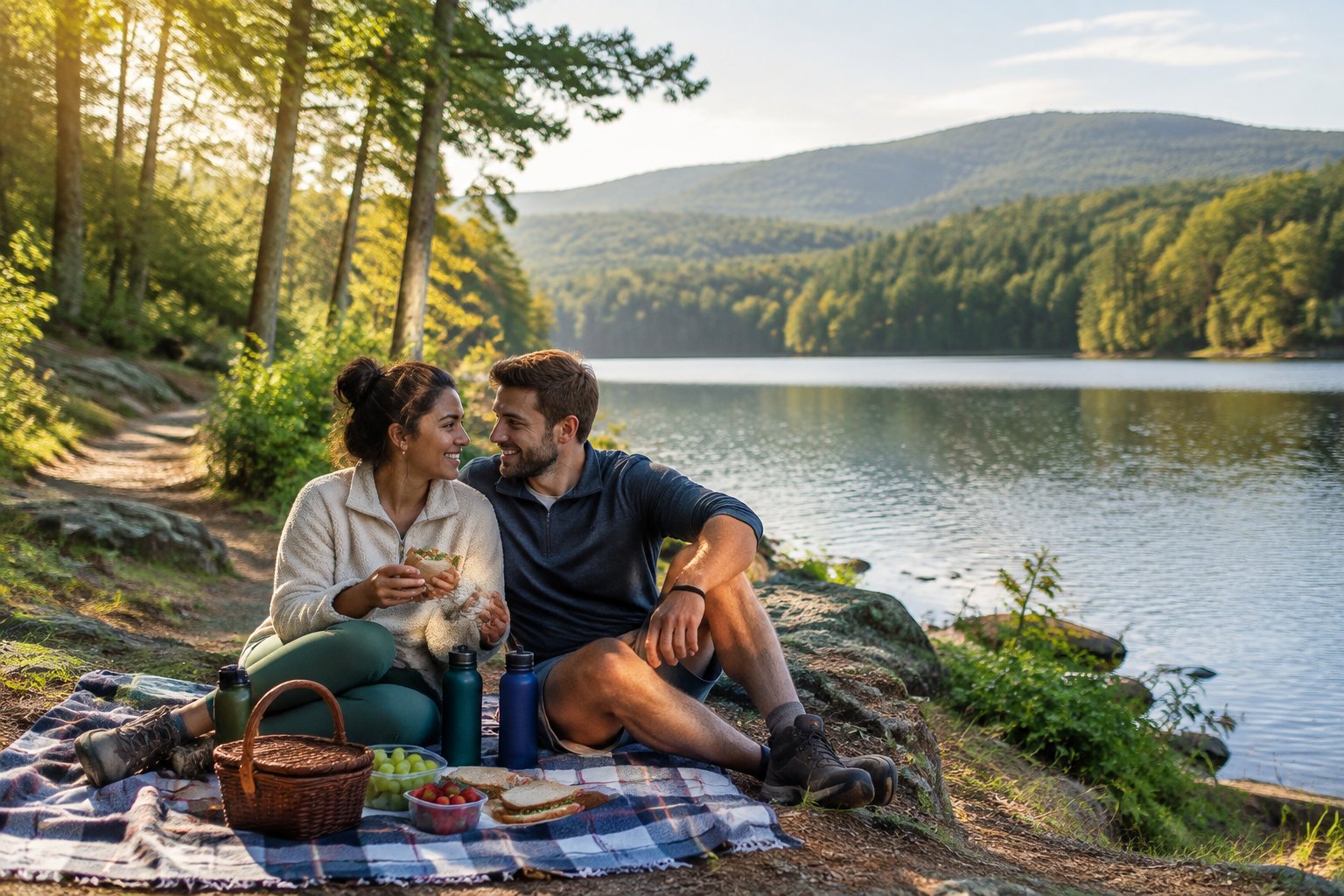 A newlywed couple enjoys an affordable picnic beside a forested lake in the Pocono Mountains.
