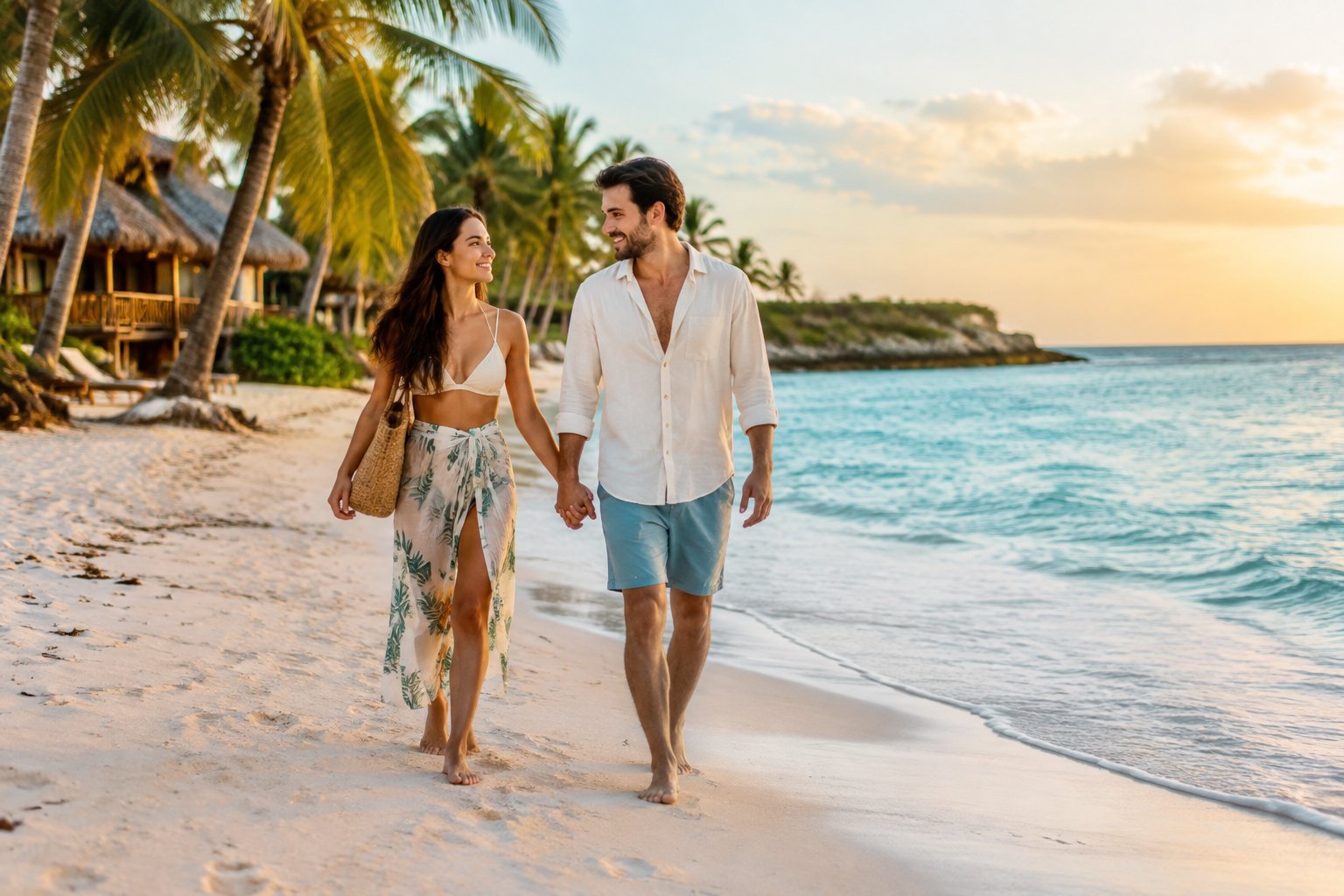 Newlywed couple walking hand in hand on a sunny Mexican beach near a simple beachfront accommodation.