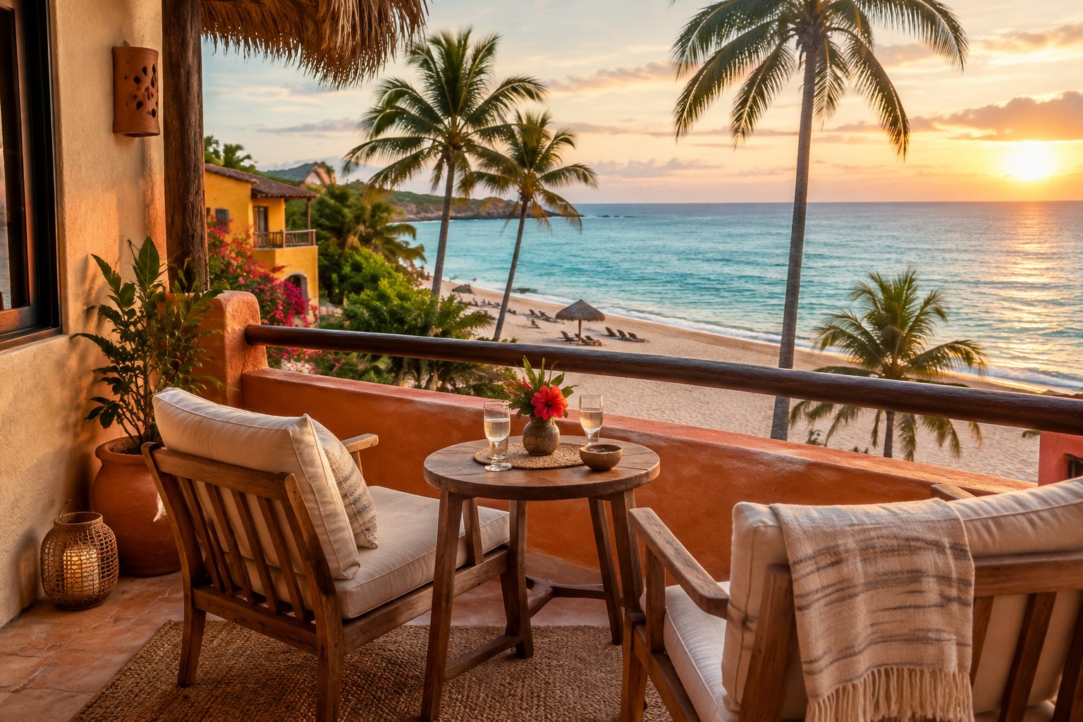 A charming beachfront guesthouse terrace overlooking a tropical Mexican beach at sunset.