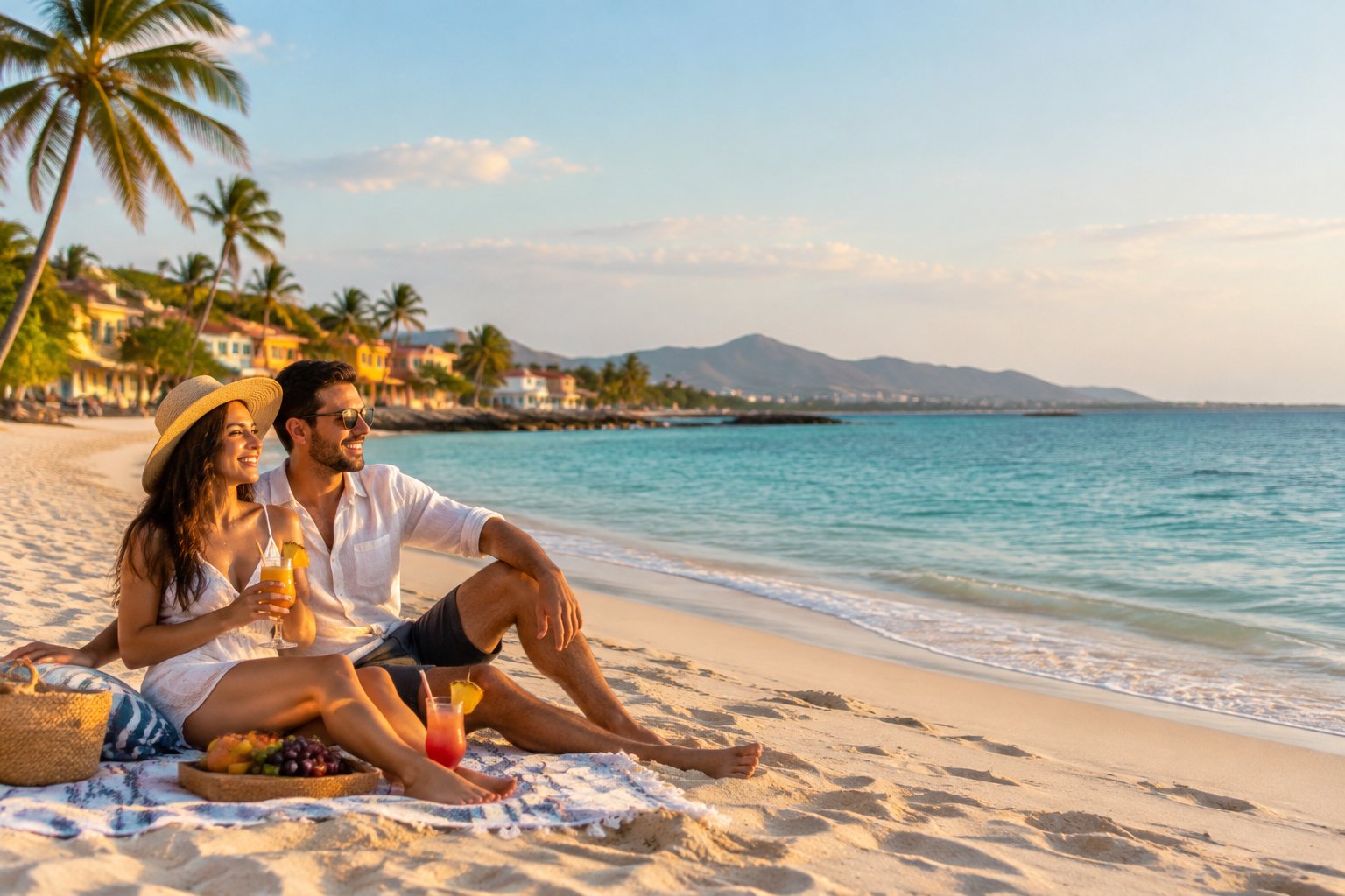 A couple relaxes together on a quiet Mexican beach beside turquoise water and palm trees.