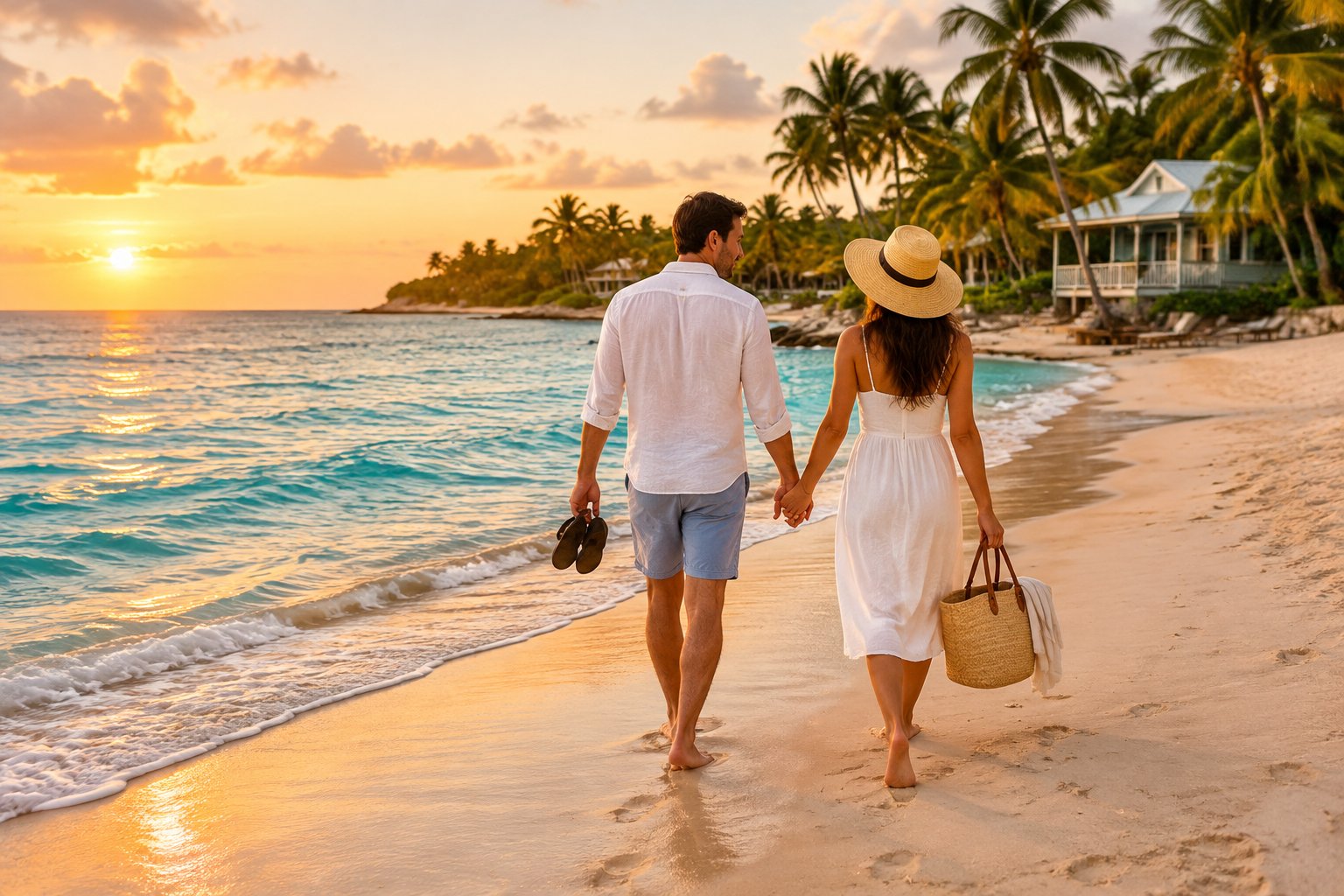 A newlywed couple walks hand in hand along a sunny tropical beach near a modest beachfront cottage.