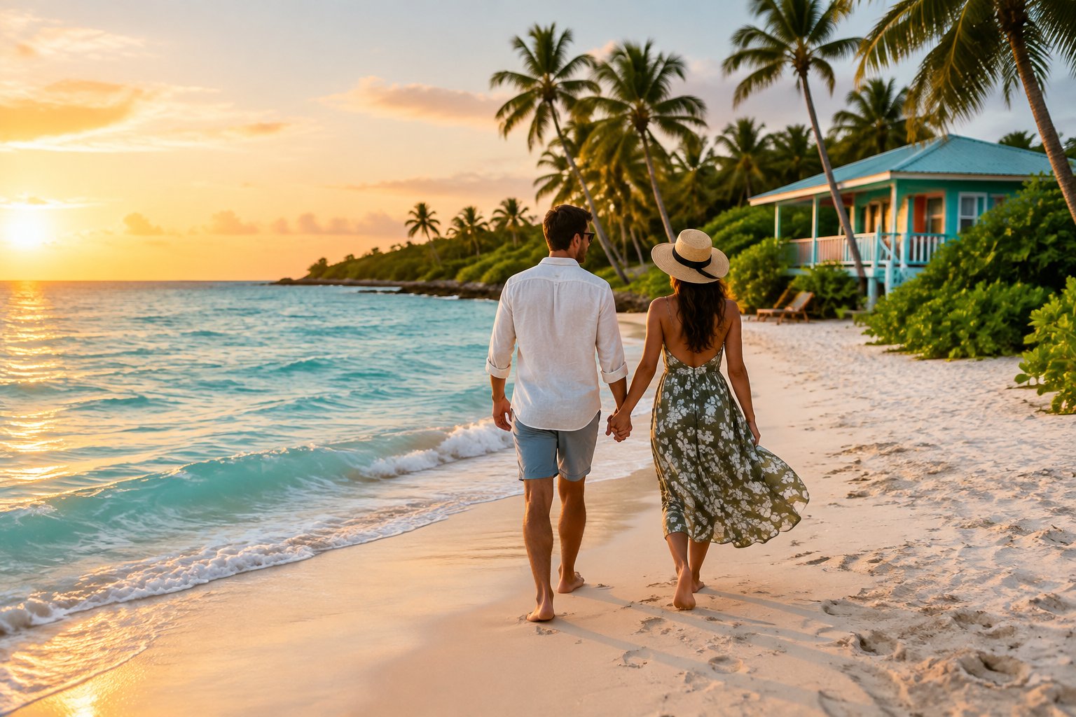 A couple walks along a tropical beach beside turquoise water and palm trees at sunset.