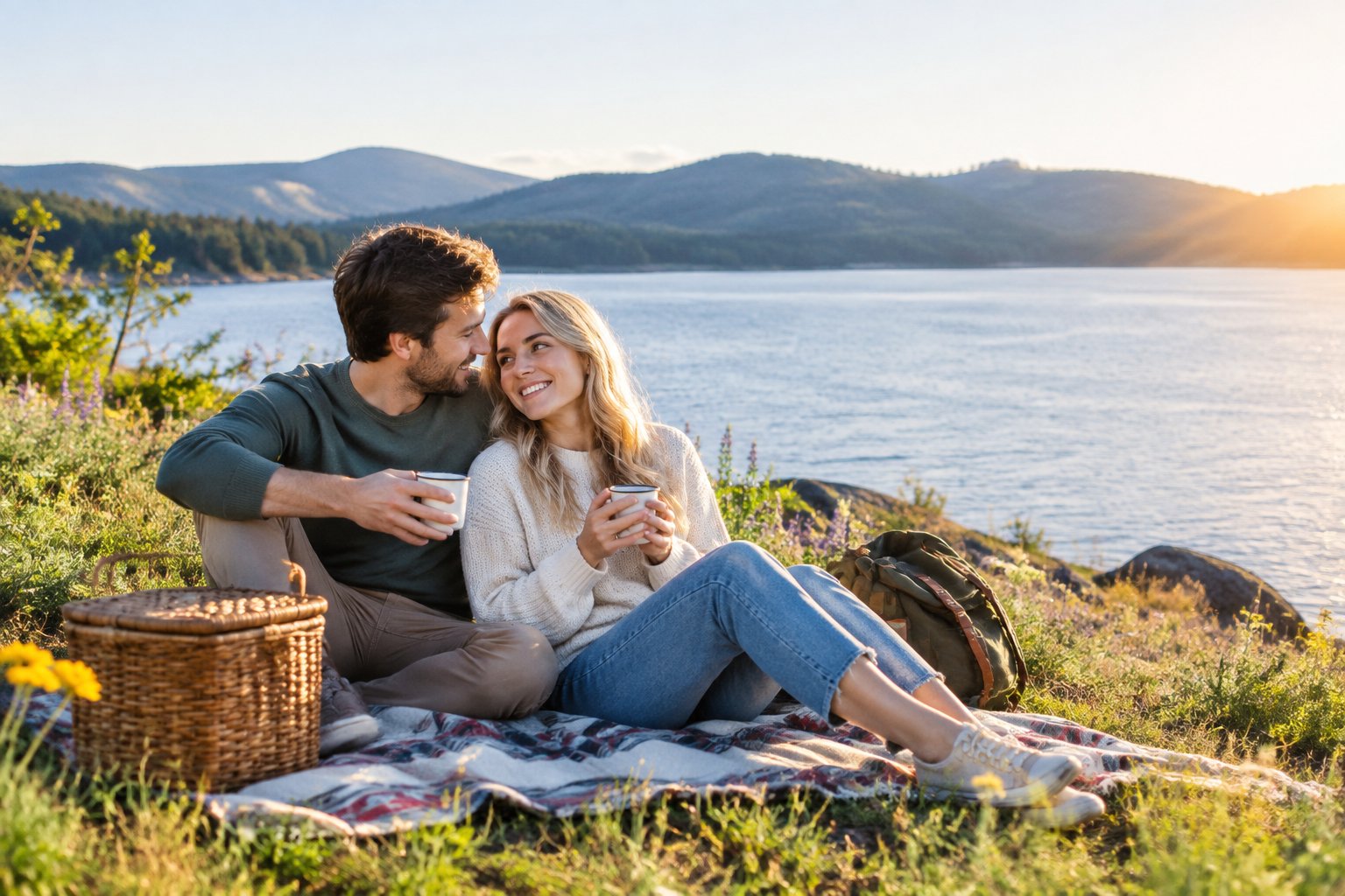 A newlywed couple enjoys a romantic picnic beside a peaceful lake.