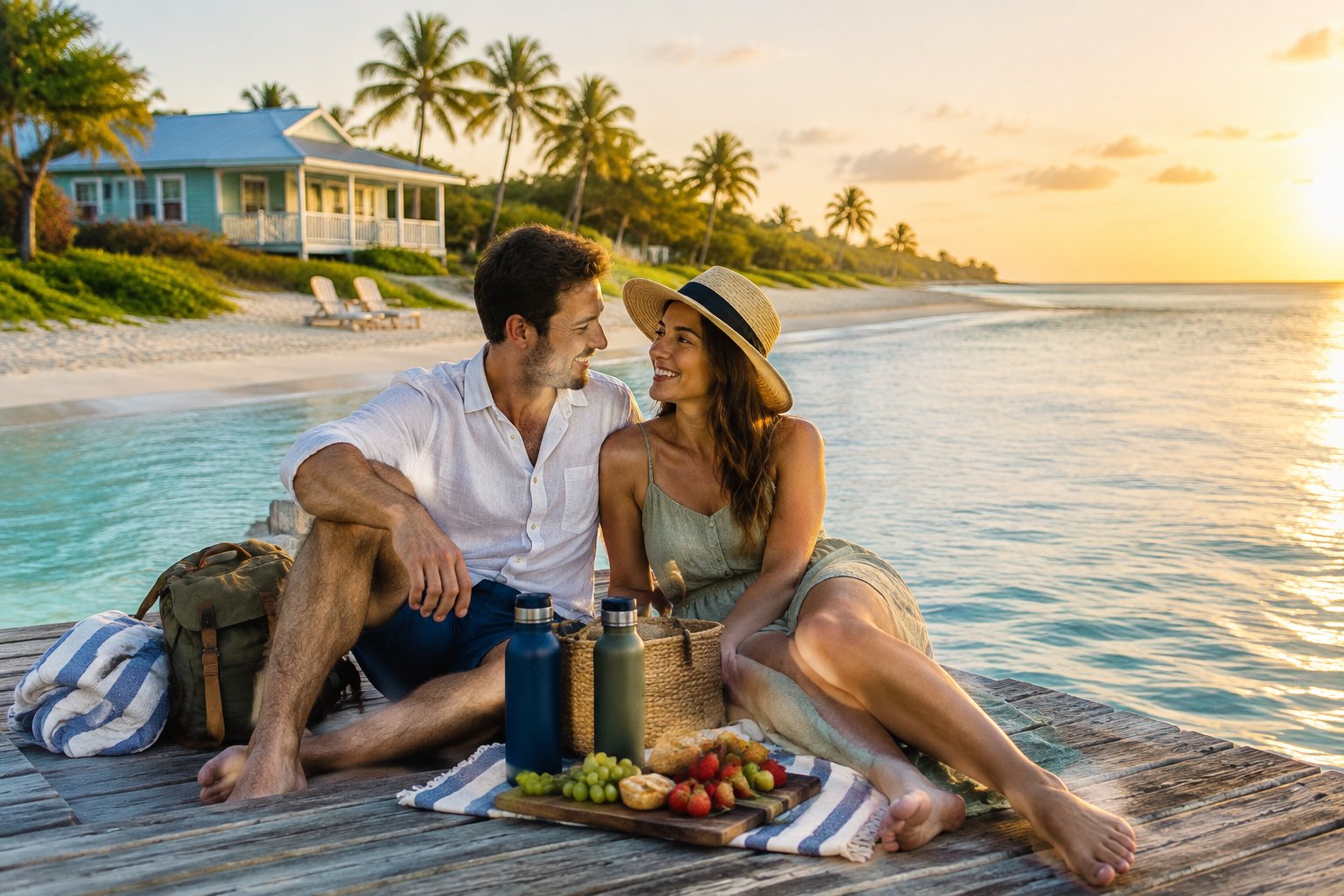 A newlywed couple enjoys a romantic sunset picnic on a peaceful beach near a modest coastal cottage.