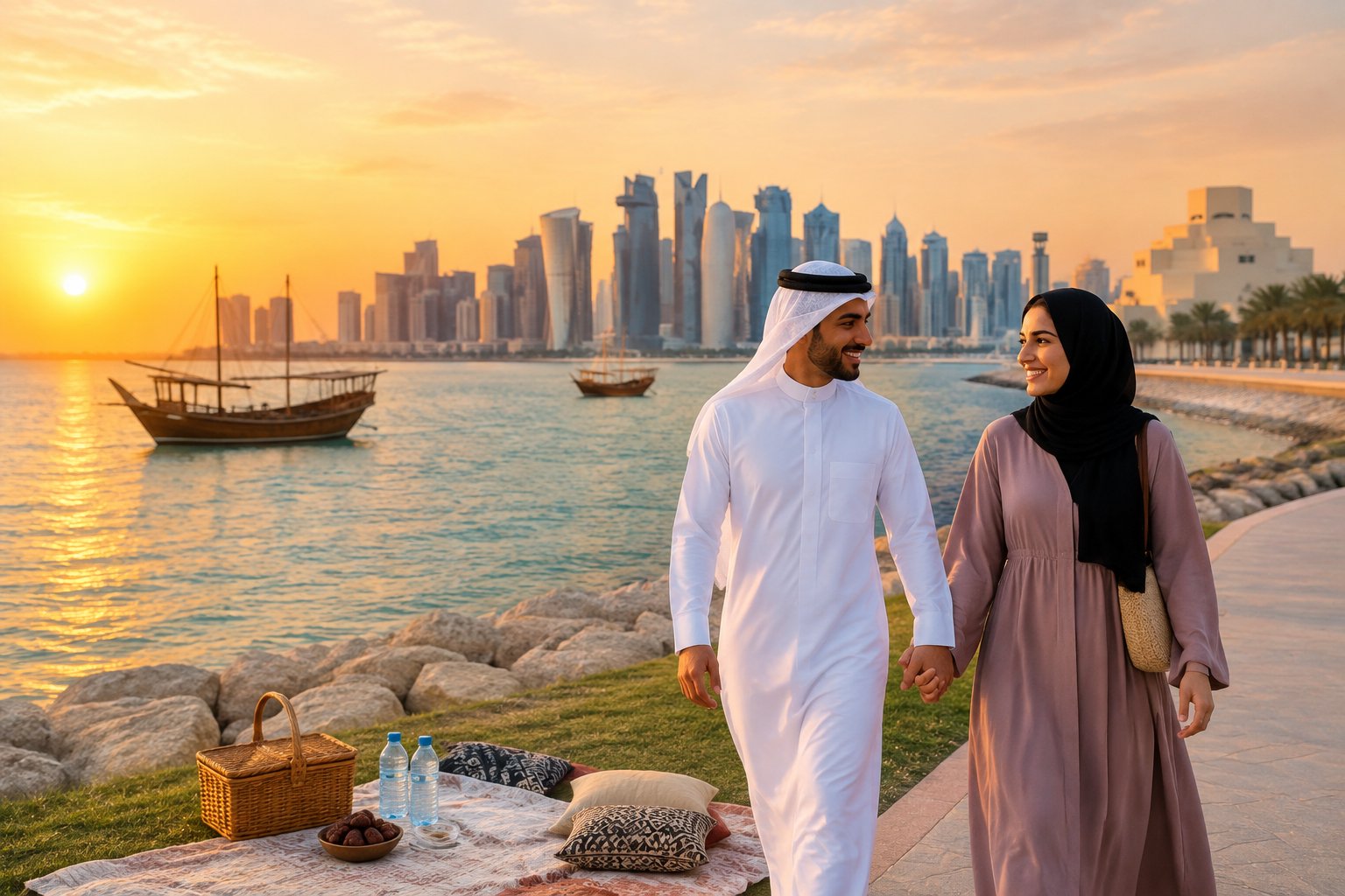 A newlywed couple walks beside the Doha waterfront at sunset with the Qatar skyline and traditional boats in the background.