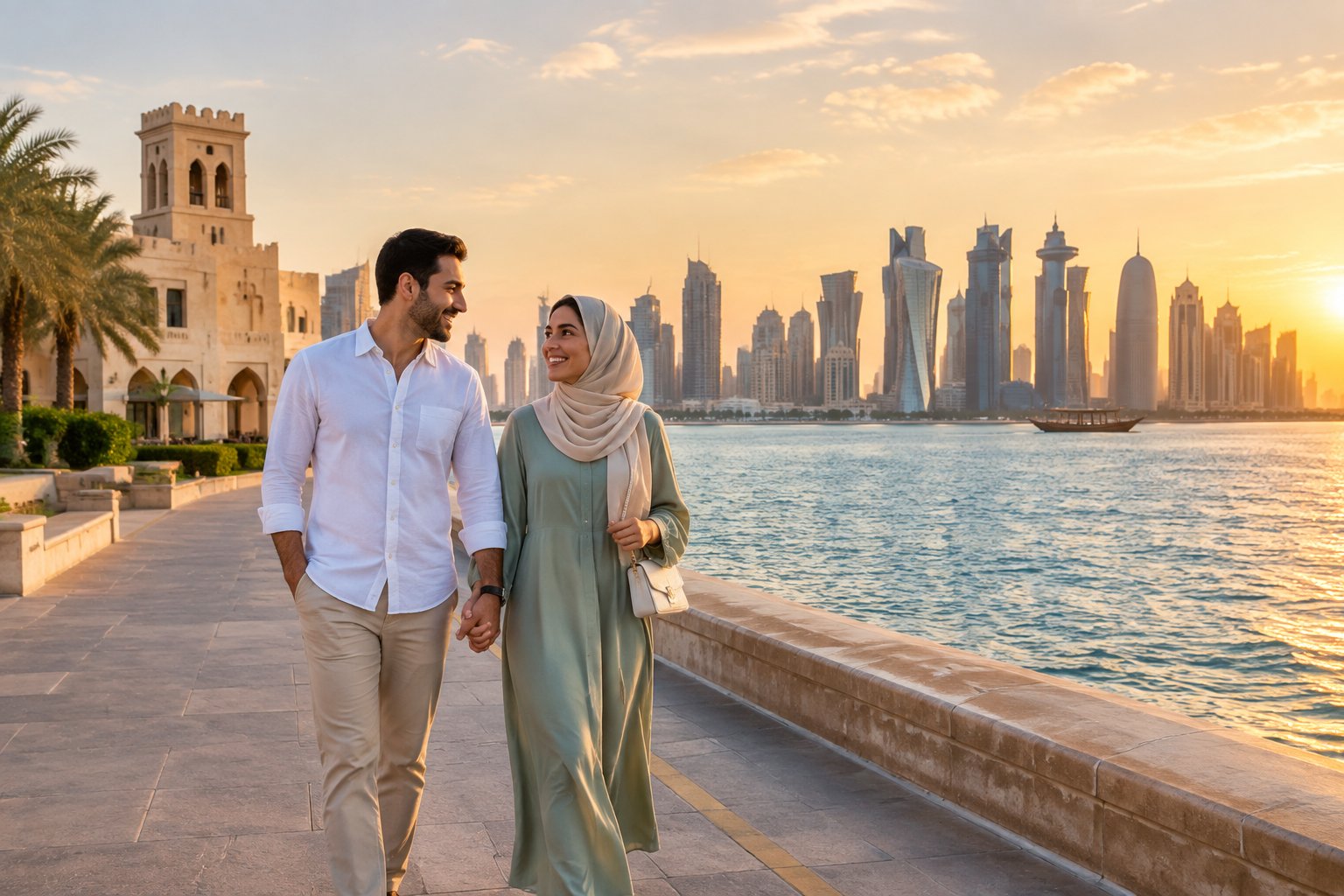 Newlywed couple walking beside the Doha waterfront with the city skyline behind them.