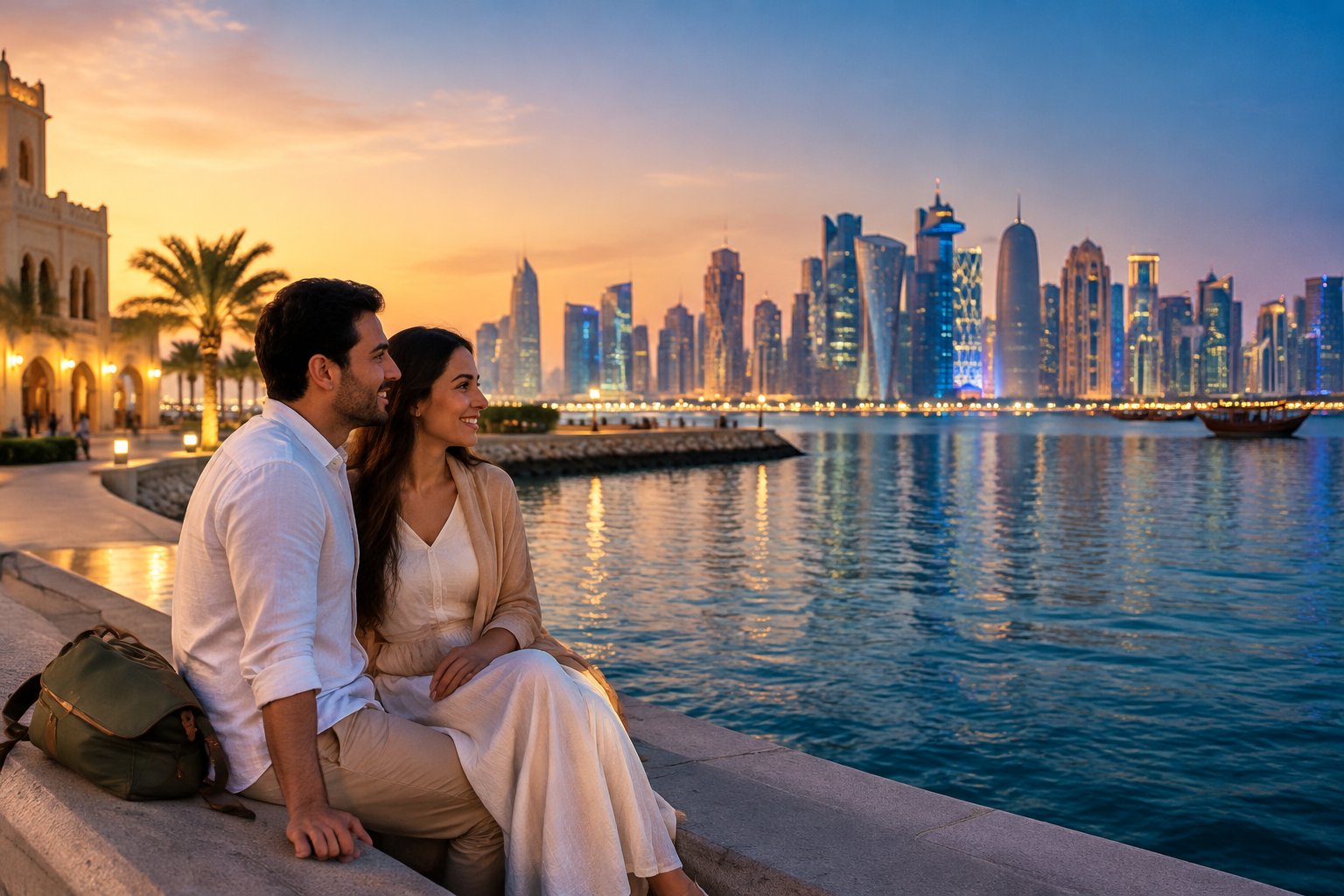 A newlywed couple enjoys a romantic evening beside Doha’s waterfront with the city skyline behind them.