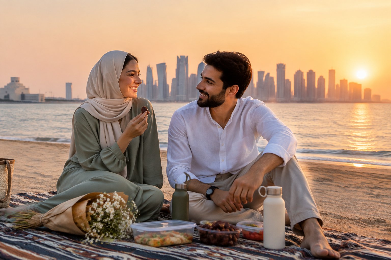 A couple sharing a simple romantic picnic beside a scenic Qatari beach at sunset.