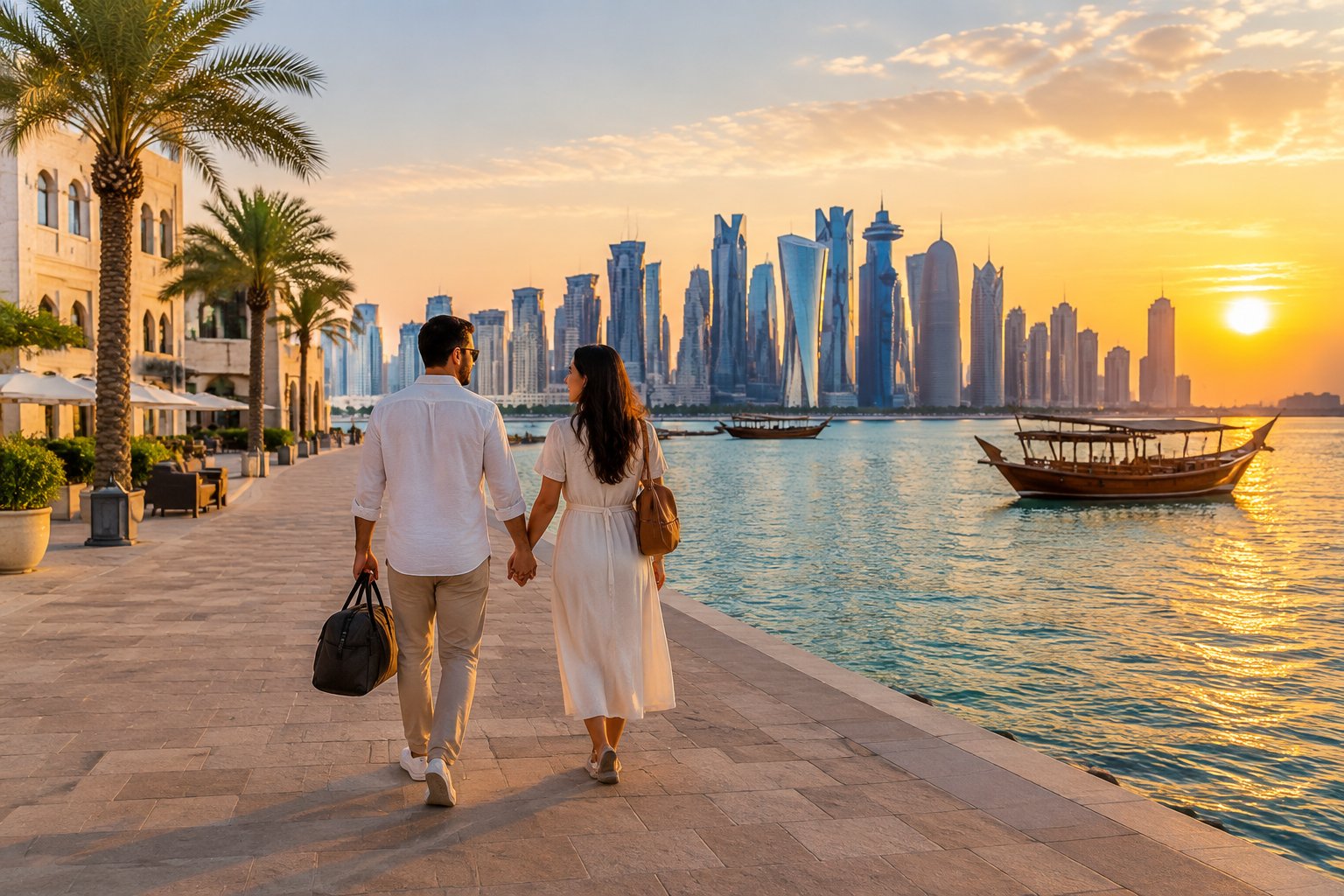 A newlywed couple walks hand in hand along Doha’s waterfront with the city skyline and traditional boats in the background.