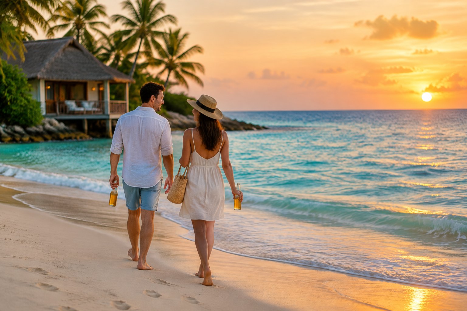 A newlywed couple walks along a peaceful tropical beach at sunset near a simple seaside bungalow.
