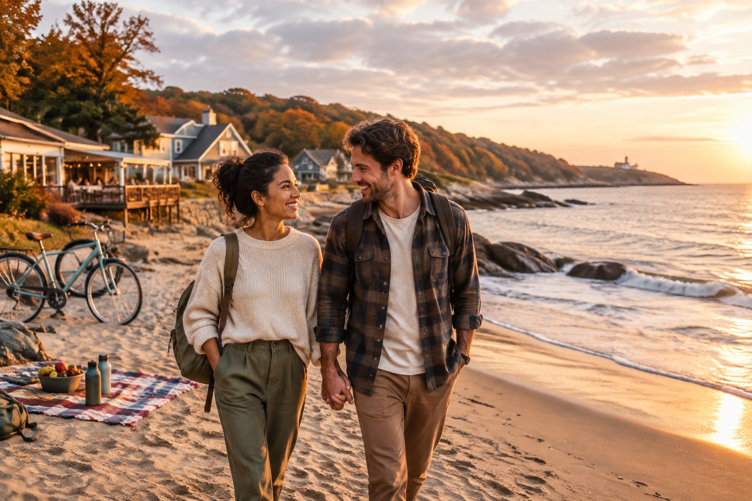 A newlywed couple walks hand in hand along a sunny beach near a charming coastal village in October.