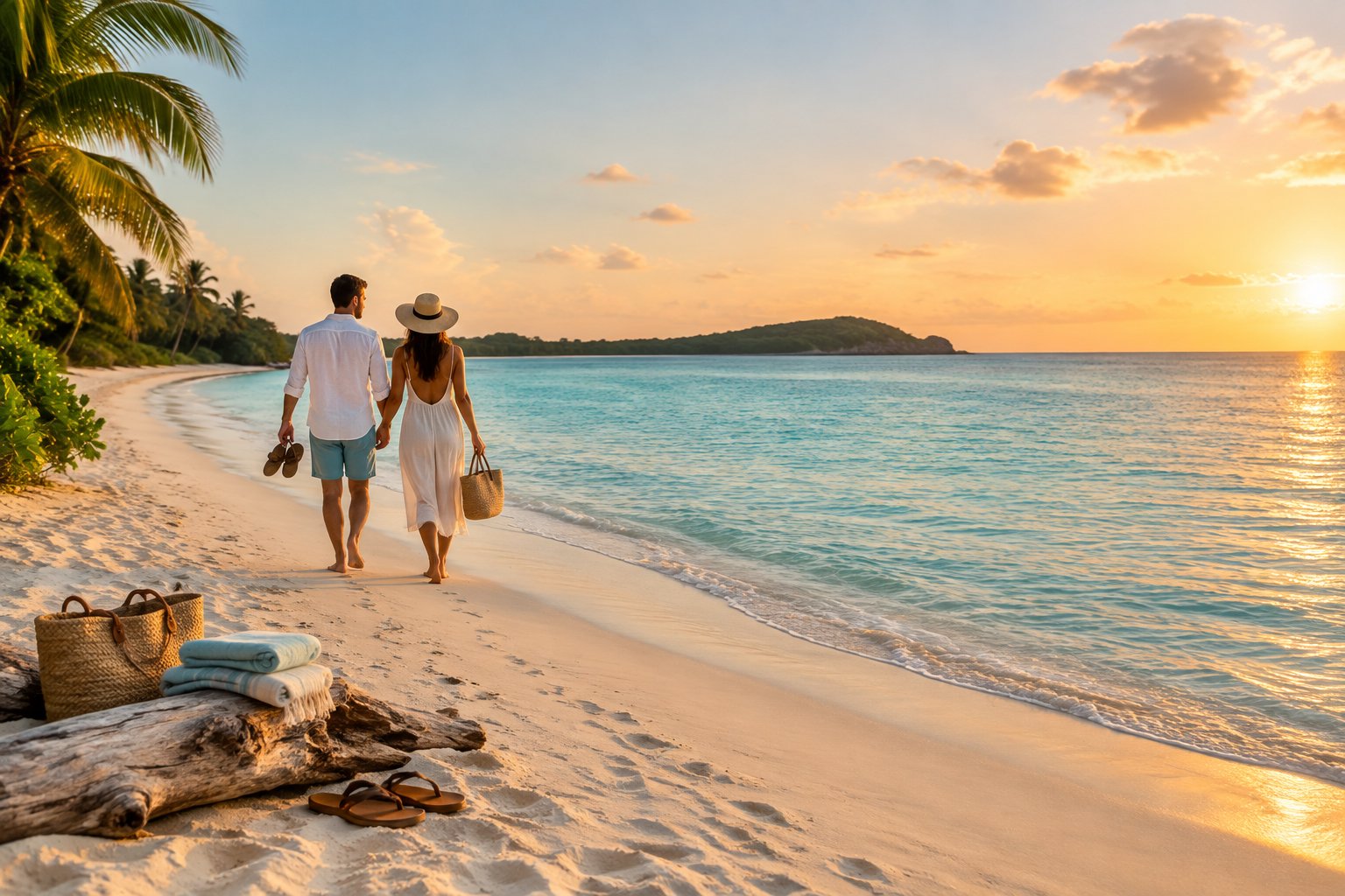 A couple walks hand in hand along a sunny tropical beach beside turquoise water.