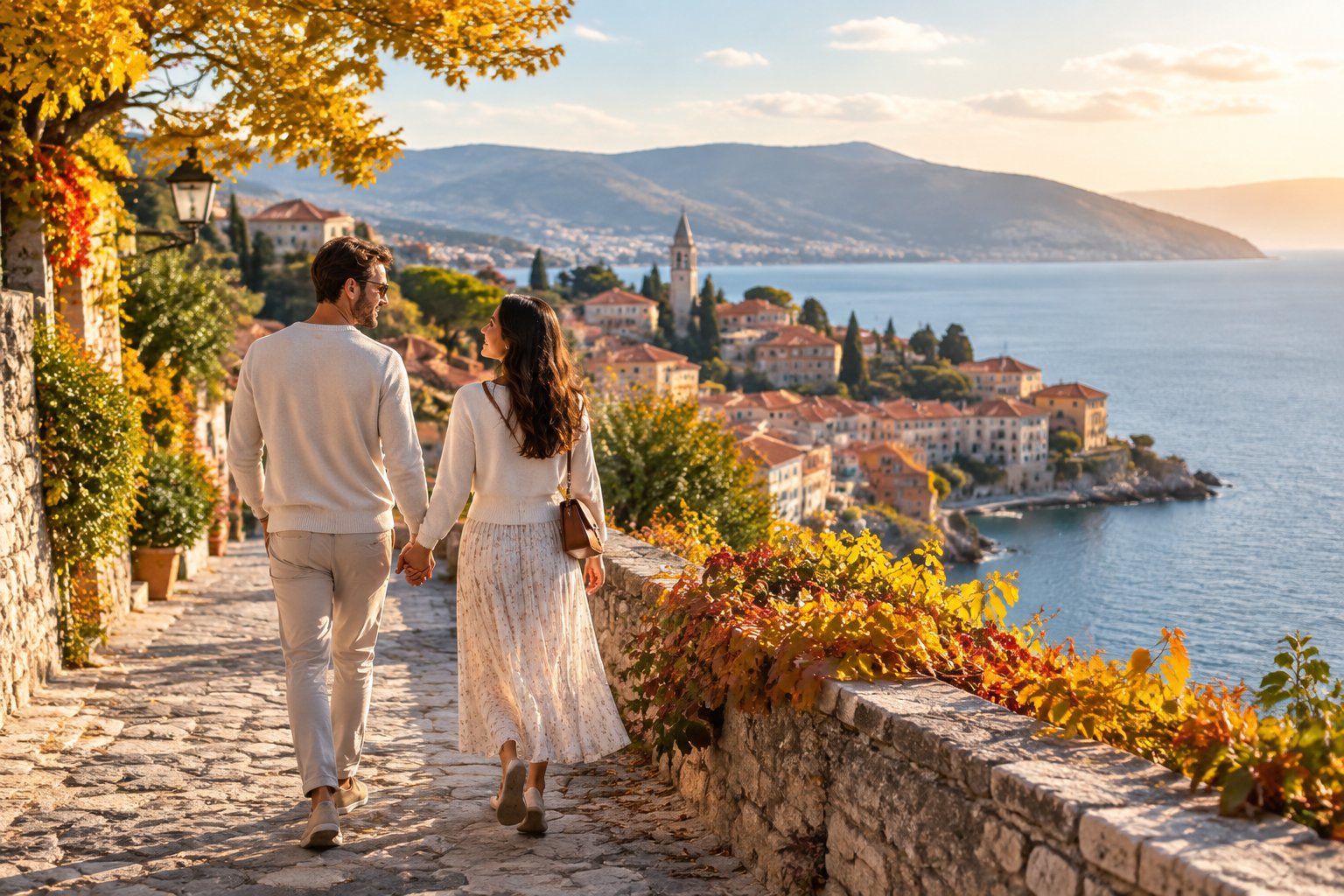 A newlywed couple walks hand in hand along a scenic path overlooking a European coastal village in autumn.