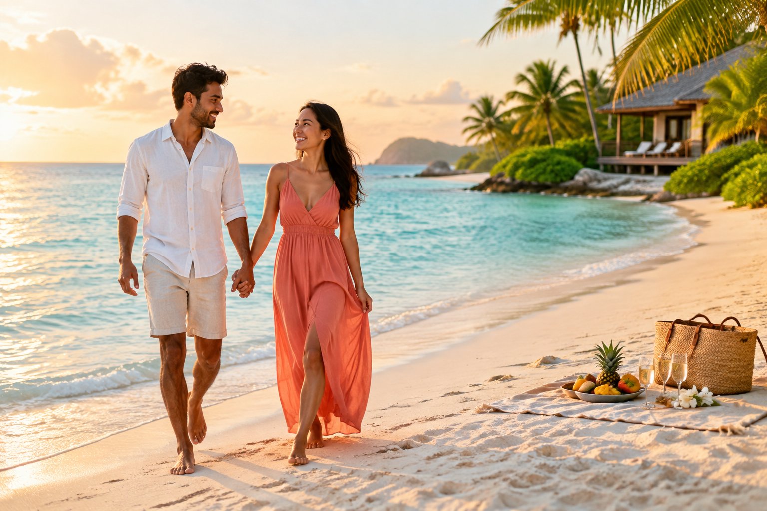 Newlywed couple walking hand in hand on a tropical beach beside a boutique resort.