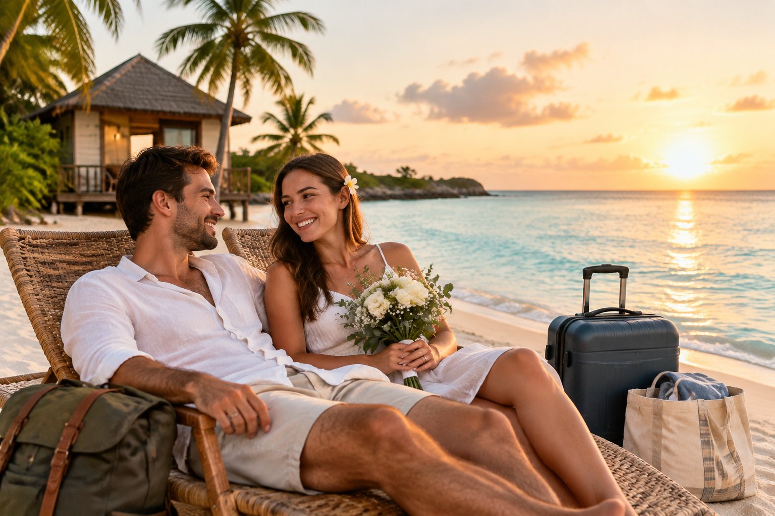 A newlywed couple relaxes together on a tropical beach beside a modest beachfront bungalow.