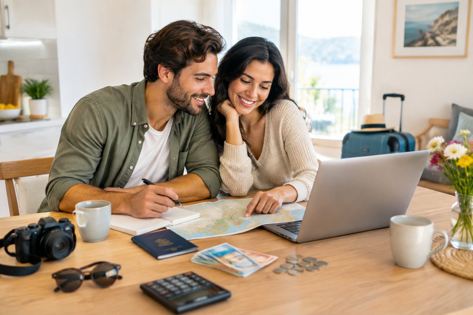 A newlywed couple plans an affordable honeymoon at a kitchen table with travel items and budgeting supplies.