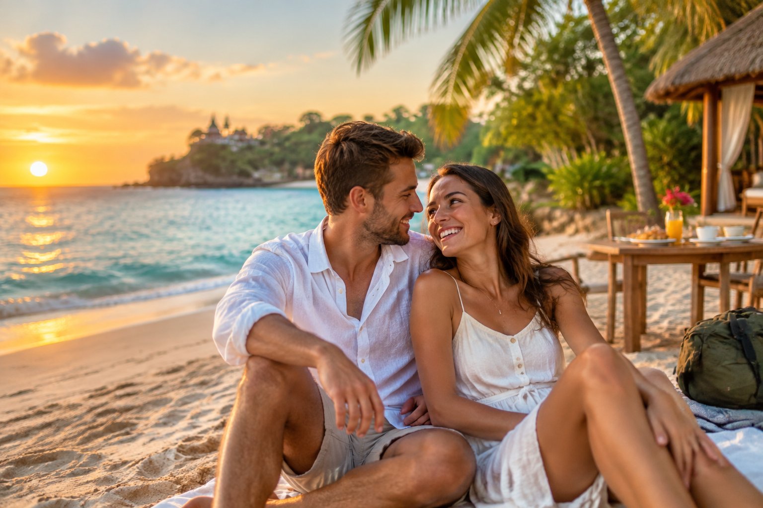 A newlywed couple relaxing together on an affordable tropical beach near a charming seaside bungalow.