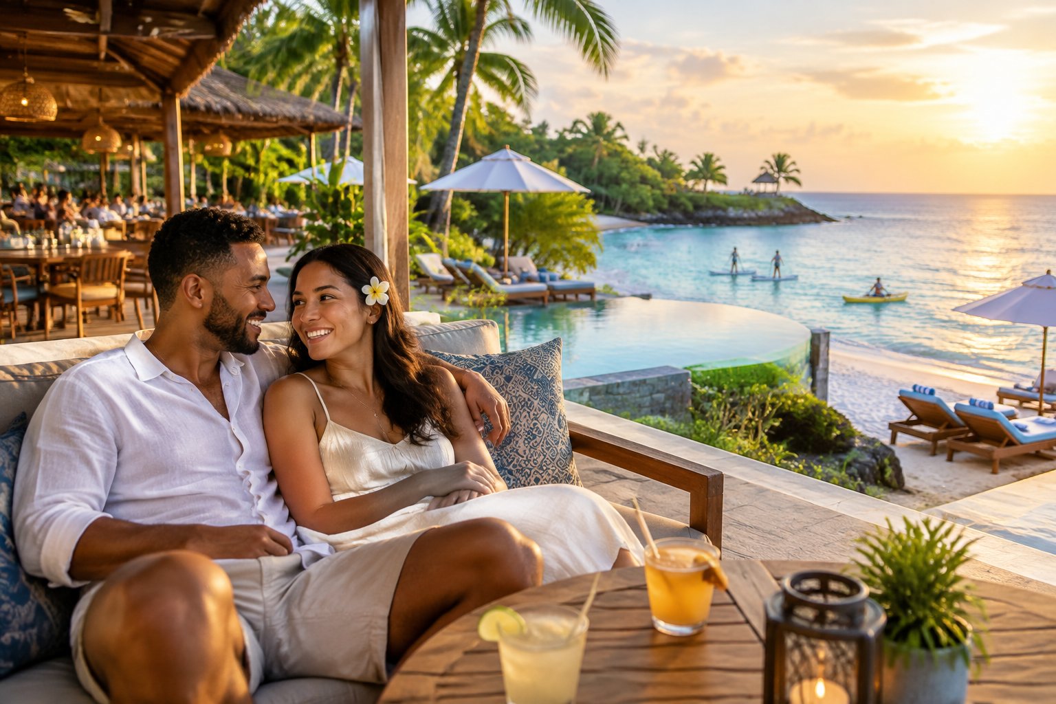 A newlywed couple relaxes together at a tropical resort overlooking the ocean.
