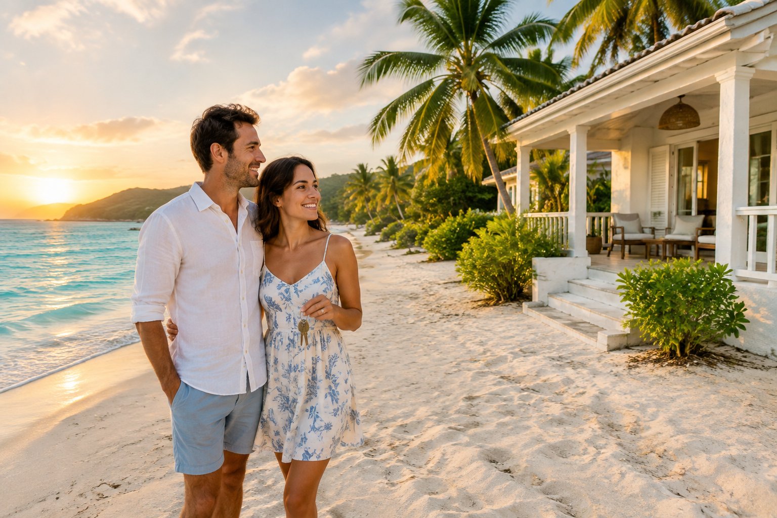 A newlywed couple stands beside a modest seaside vacation home on a sunny tropical beach.