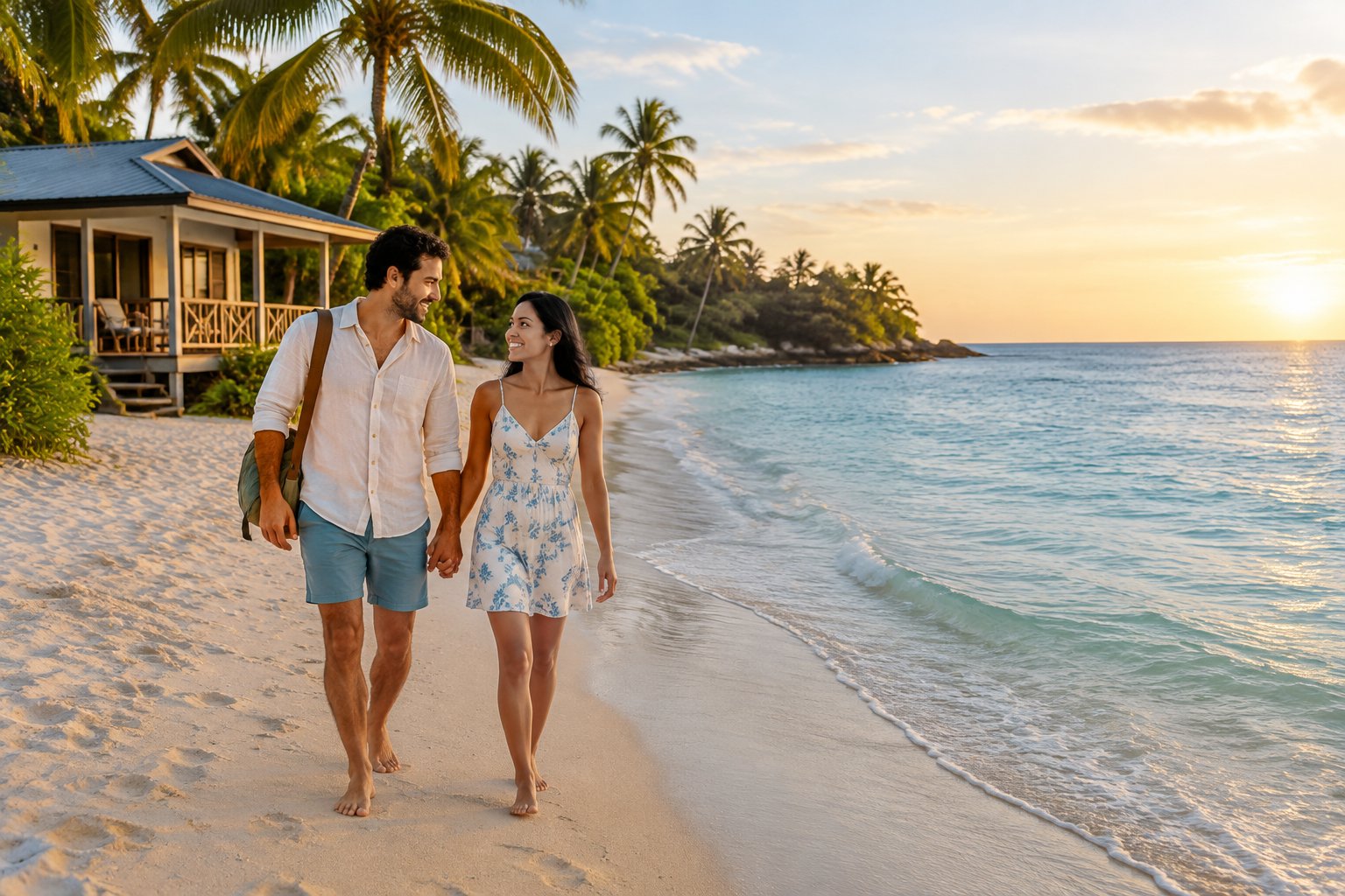 A newlywed couple walks hand in hand along a quiet tropical beach near a modest guesthouse.