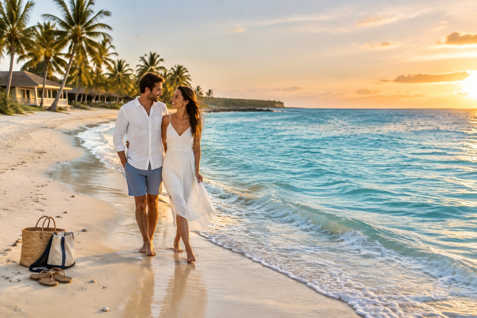 A newlywed couple walks along a calm tropical beach with palm trees and simple beachfront lodging in the background.