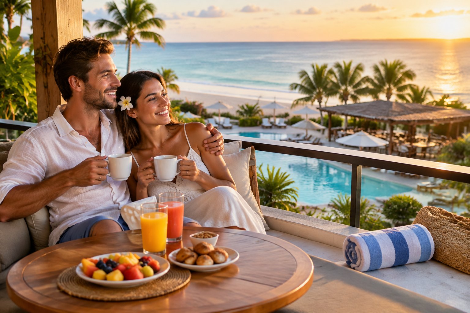 Newlywed couple relaxing together at an affordable all-inclusive tropical resort overlooking the beach.