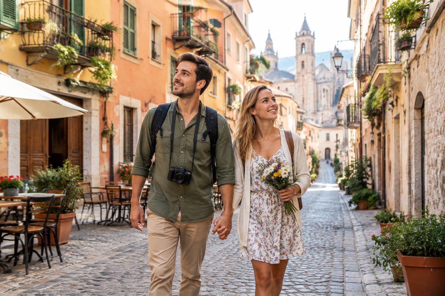 Newlywed couple exploring a picturesque historic town street during an international honeymoon.