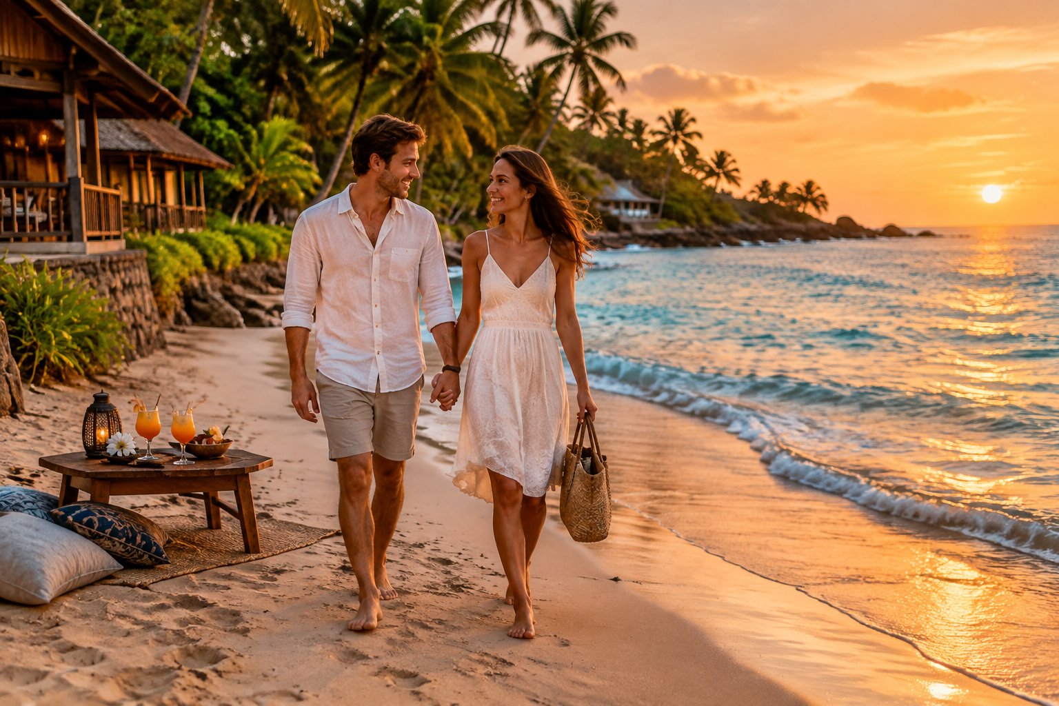 A newlywed couple walks hand in hand along a peaceful tropical beach at sunset.