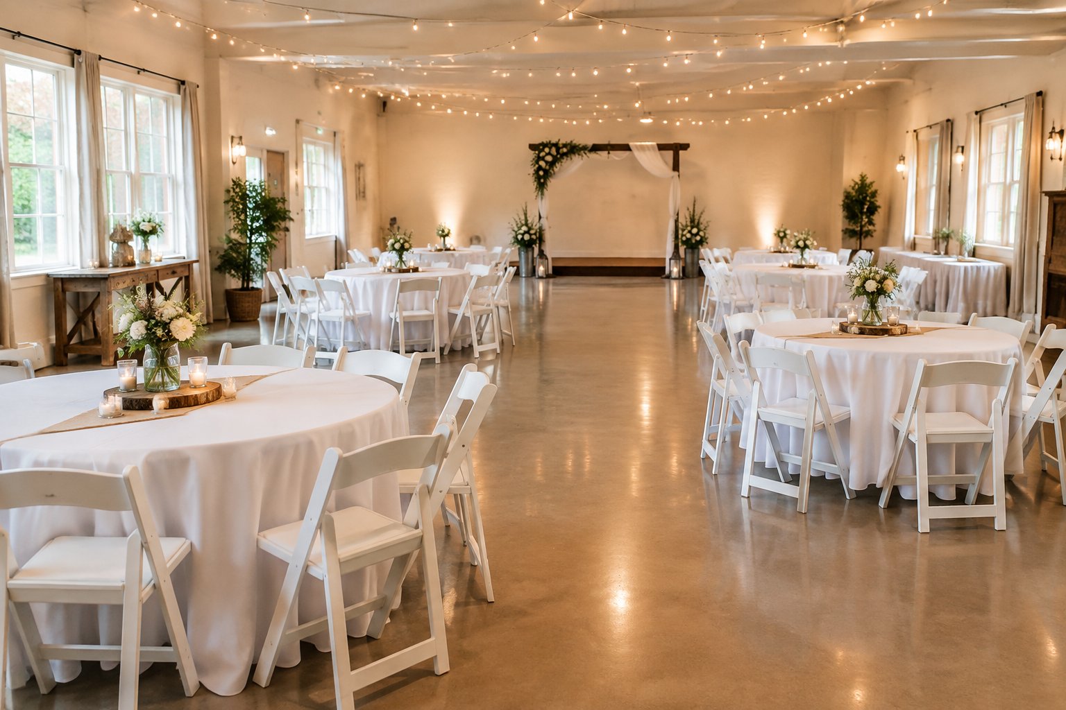 A modest indoor wedding venue with neatly arranged tables, chairs, simple floral decorations, and warm lighting.