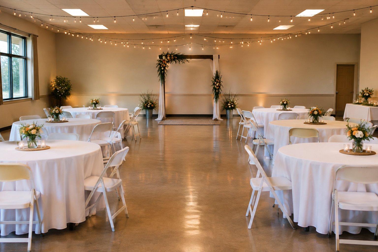 A modest indoor wedding reception space with decorated tables, simple floral centerpieces, and warm lighting.