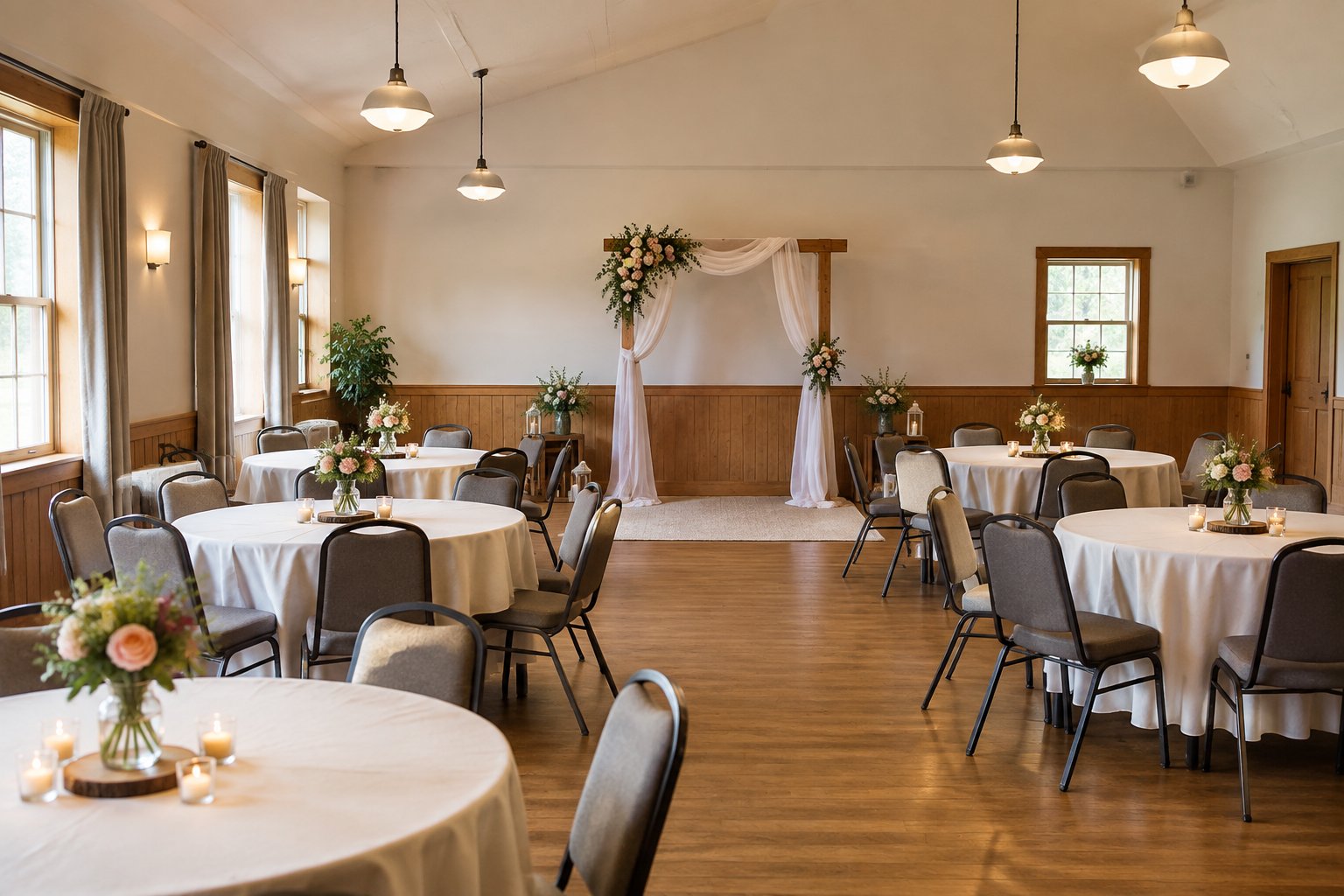 A warmly decorated indoor venue arranged for a small intimate wedding ceremony and reception.
