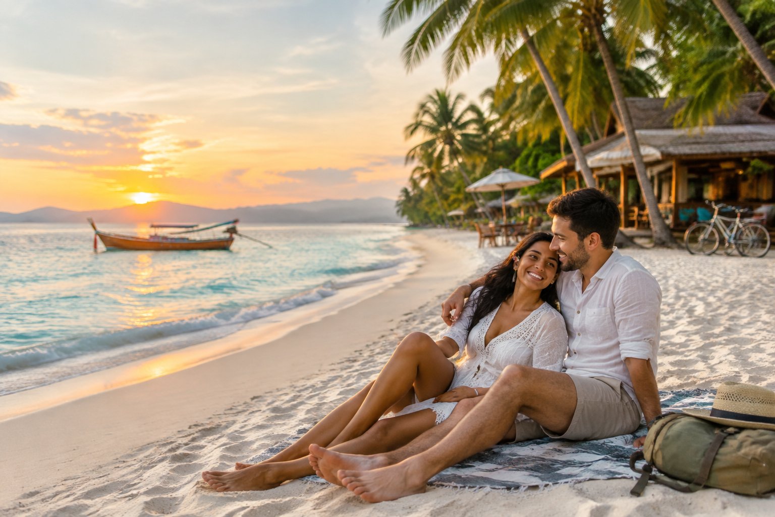 A newlywed couple relaxes together on an affordable tropical beach beside a small beachfront guesthouse.