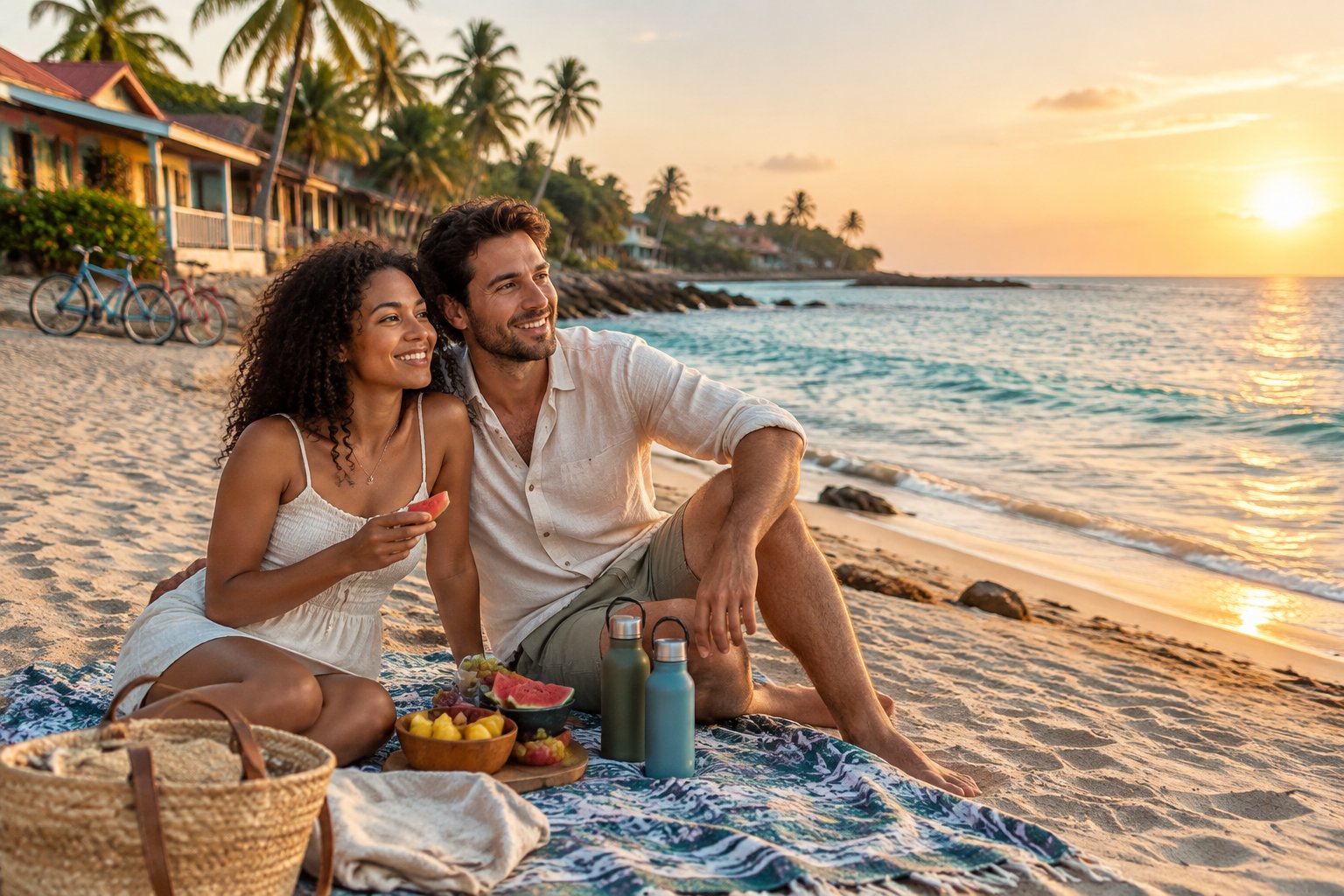 A newlywed couple enjoys a simple picnic together on a scenic tropical beach.