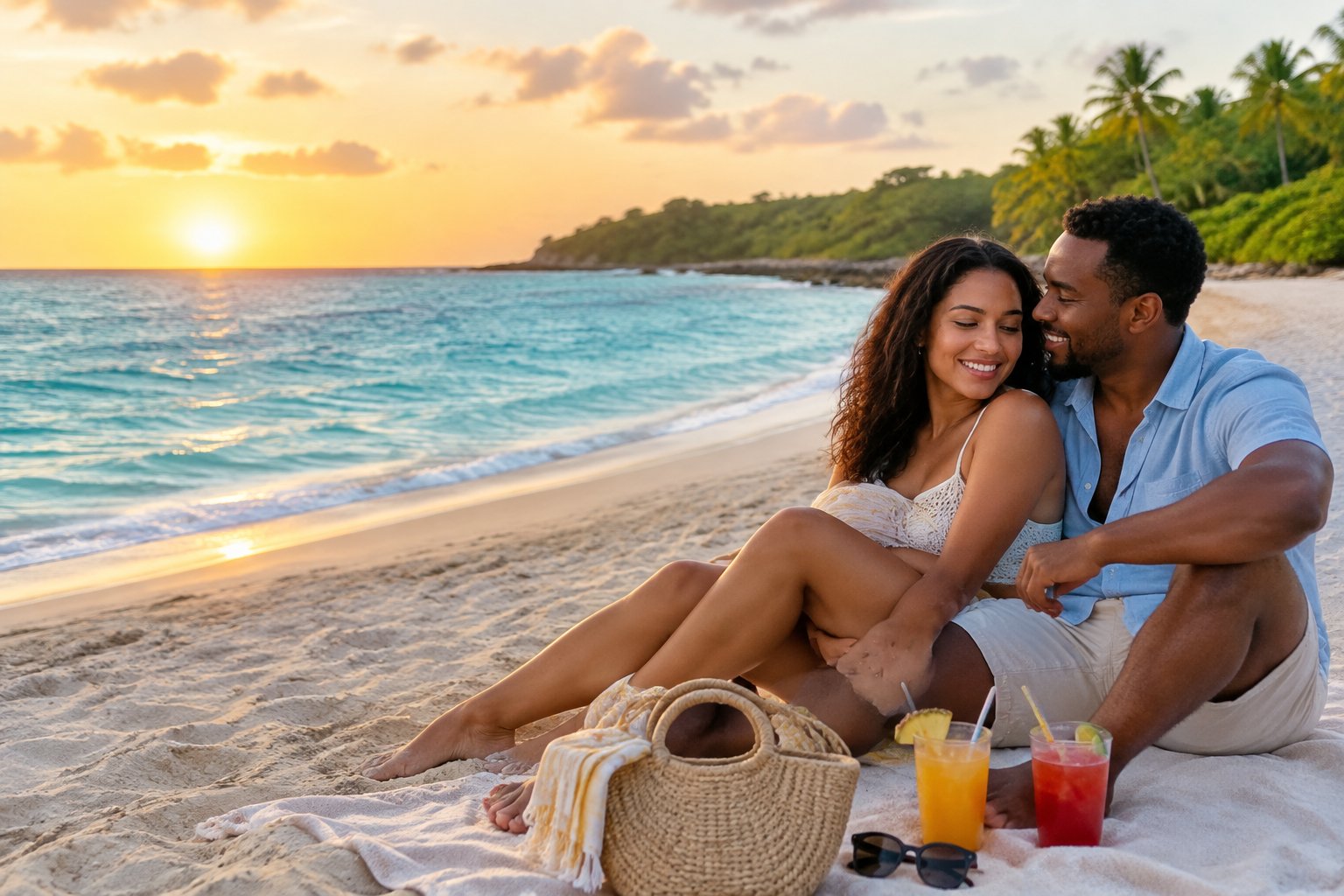 A couple relaxes together on a tropical beach at sunset.