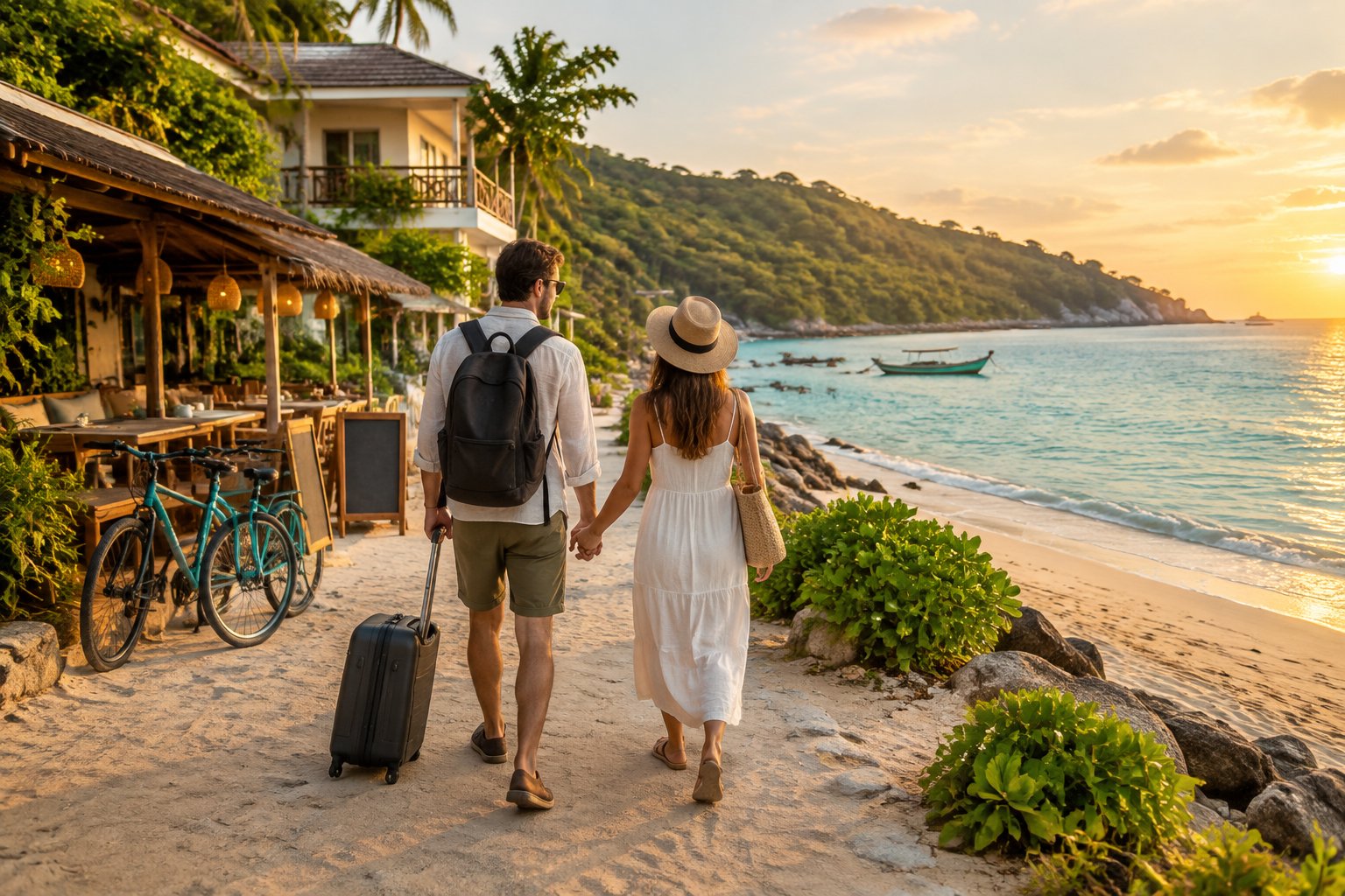 A couple walks hand in hand along a sunny tropical beach near a modest seaside guesthouse.