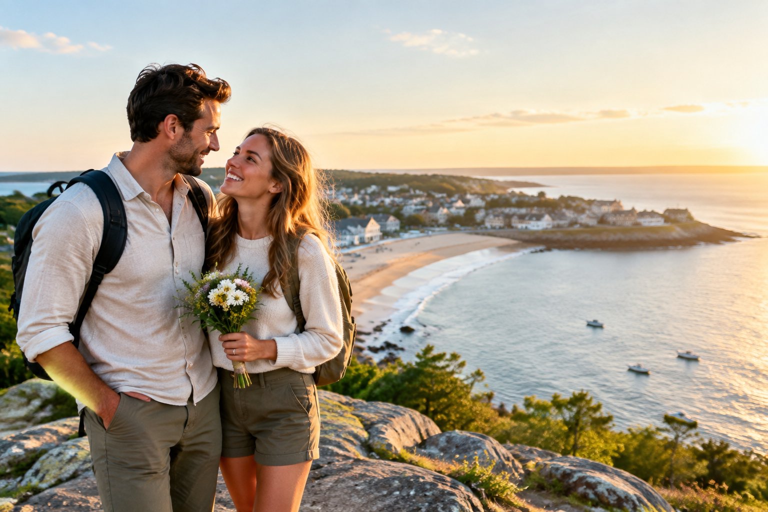 A newlywed couple enjoying a scenic coastal getaway in the United States.